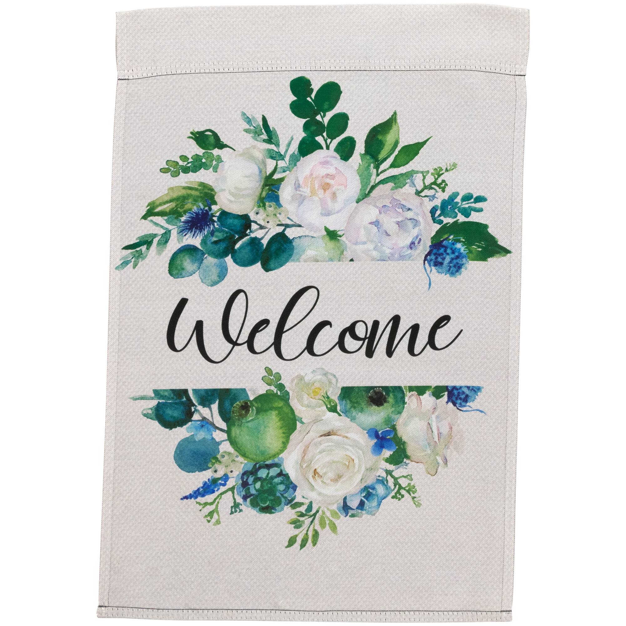 Front. Northlight - Mixed Florals "Welcome" Spring Outdoor Garden Flag 18" x 12.5" - Ivory.