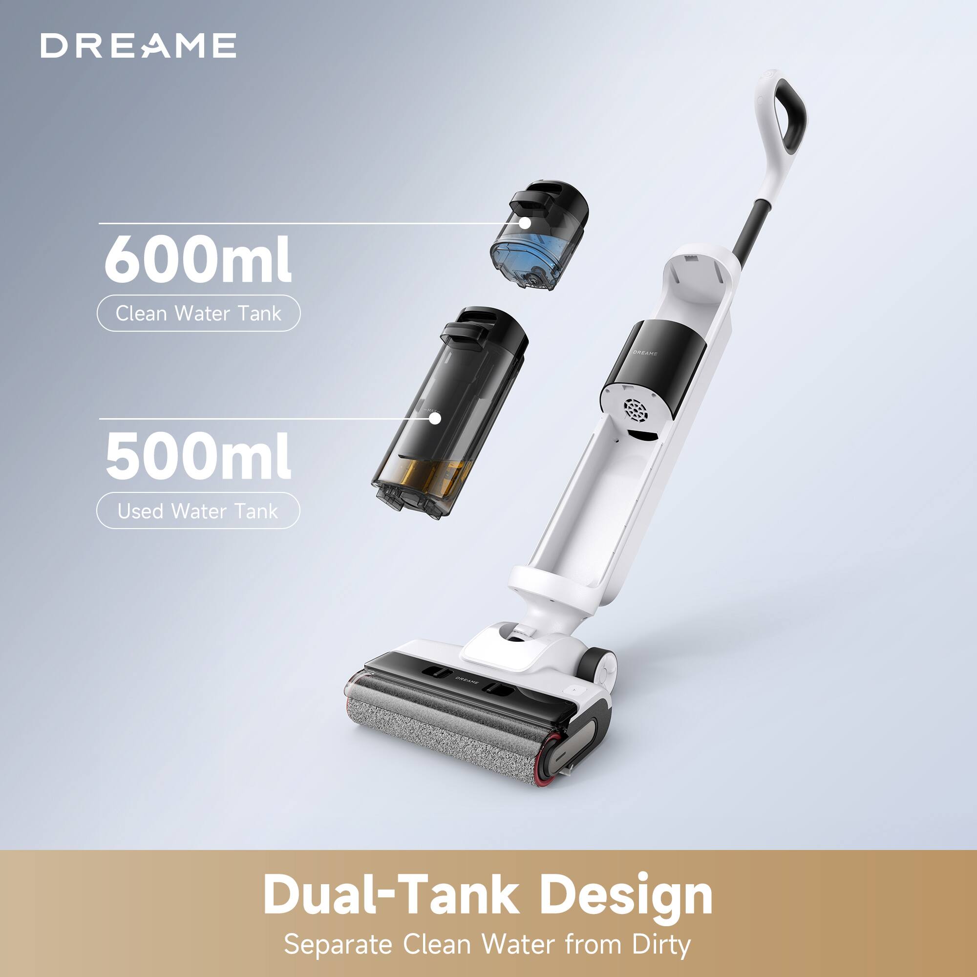 DREAME, 600ml Clean Water Tank, 500ml Used Water Tank, Dual-Tank Design, Separate Clean Water from Dirty