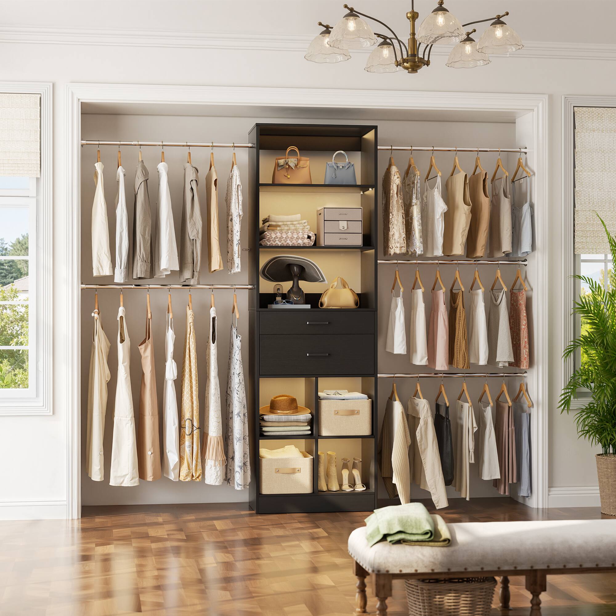 Angle. Aheaplus - 4-8 FT Walk-in Closet Organizer with 2 Wood Drawers, 5 Hang Rods & Built-in Shelves - Fits 60-96'' Closets - Black.