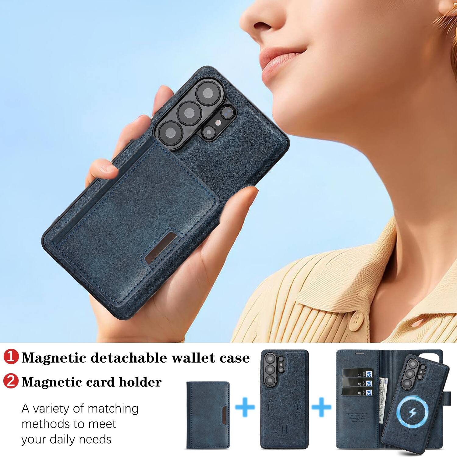 1. Magnetic detachable wallet case  
2. Magnetic card holder  

A variety of matching methods to meet your daily needs