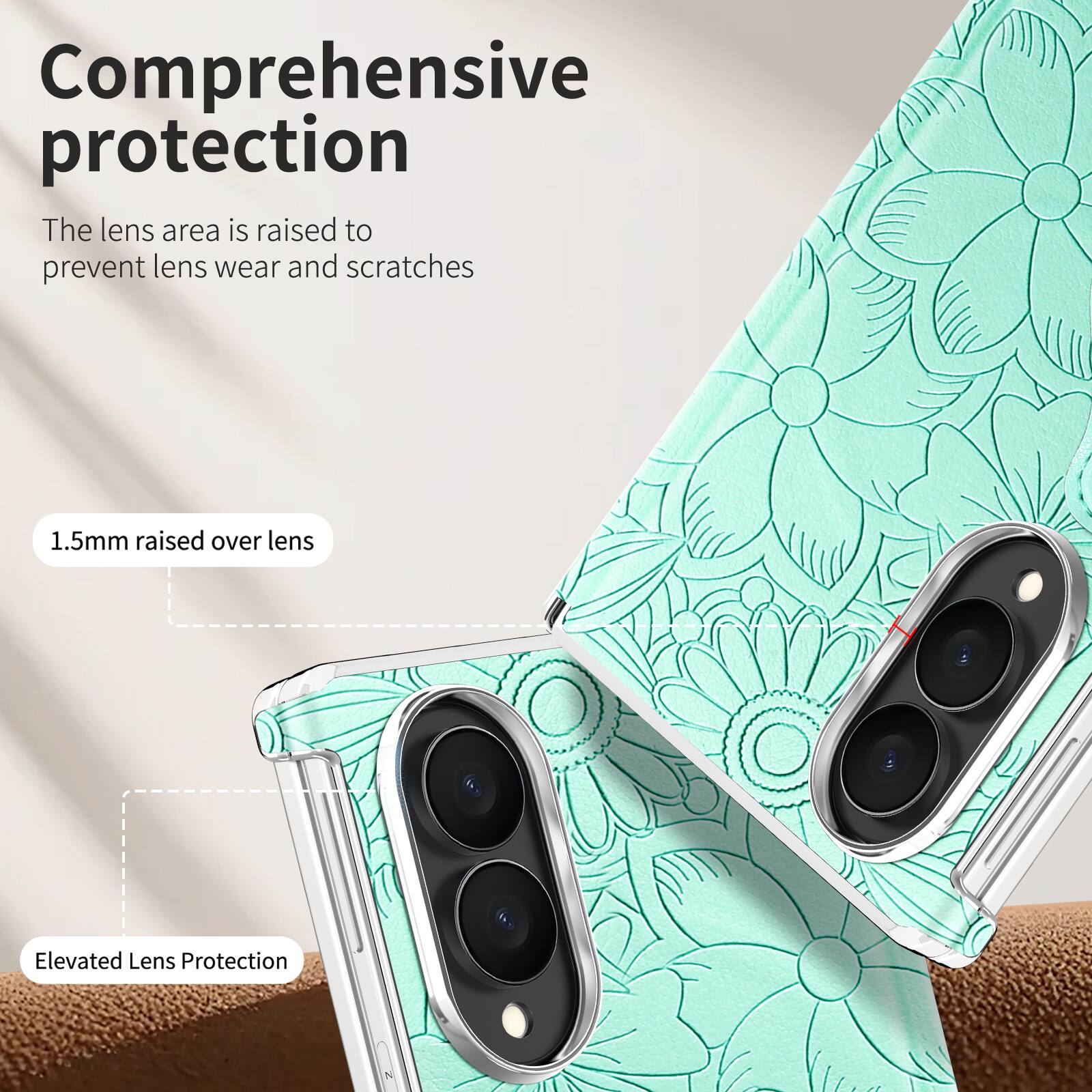 Comprehensive protection  
The lens area is raised to prevent lens wear and scratches  

1.5mm raised over lens  

Elevated Lens Protection