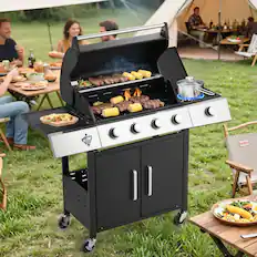 Front. U-HOMY - GrillMaster Outdoor Propane Gas Grill with Side Burner, Cast Iron Grates, Storage Cabinet, Easy Clean - 4-Burner.