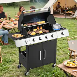 U-HOMY - GrillMaster Outdoor Propane Gas Grill with Side Burner, Cast Iron Grates, Storage Cabinet, Easy Clean - 4-Burner