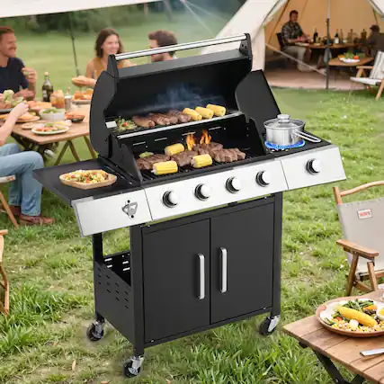 Front. U-HOMY - GrillMaster Outdoor Propane Gas Grill with Side Burner, Cast Iron Grates, Storage Cabinet, Easy Clean - 4-Burner.