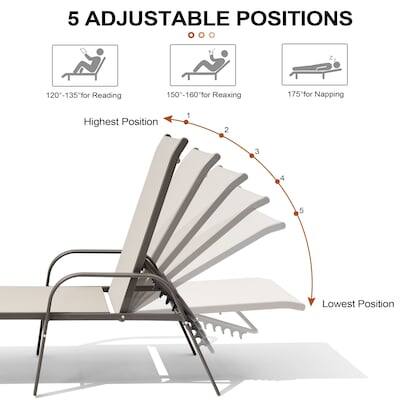 5 Adjustable Positions

- 120-135" for Reading
- 150-160" for Relaxing
- 175" for Napping

Highest Position: 1, 2, 3, 4, 5

Lowest Position