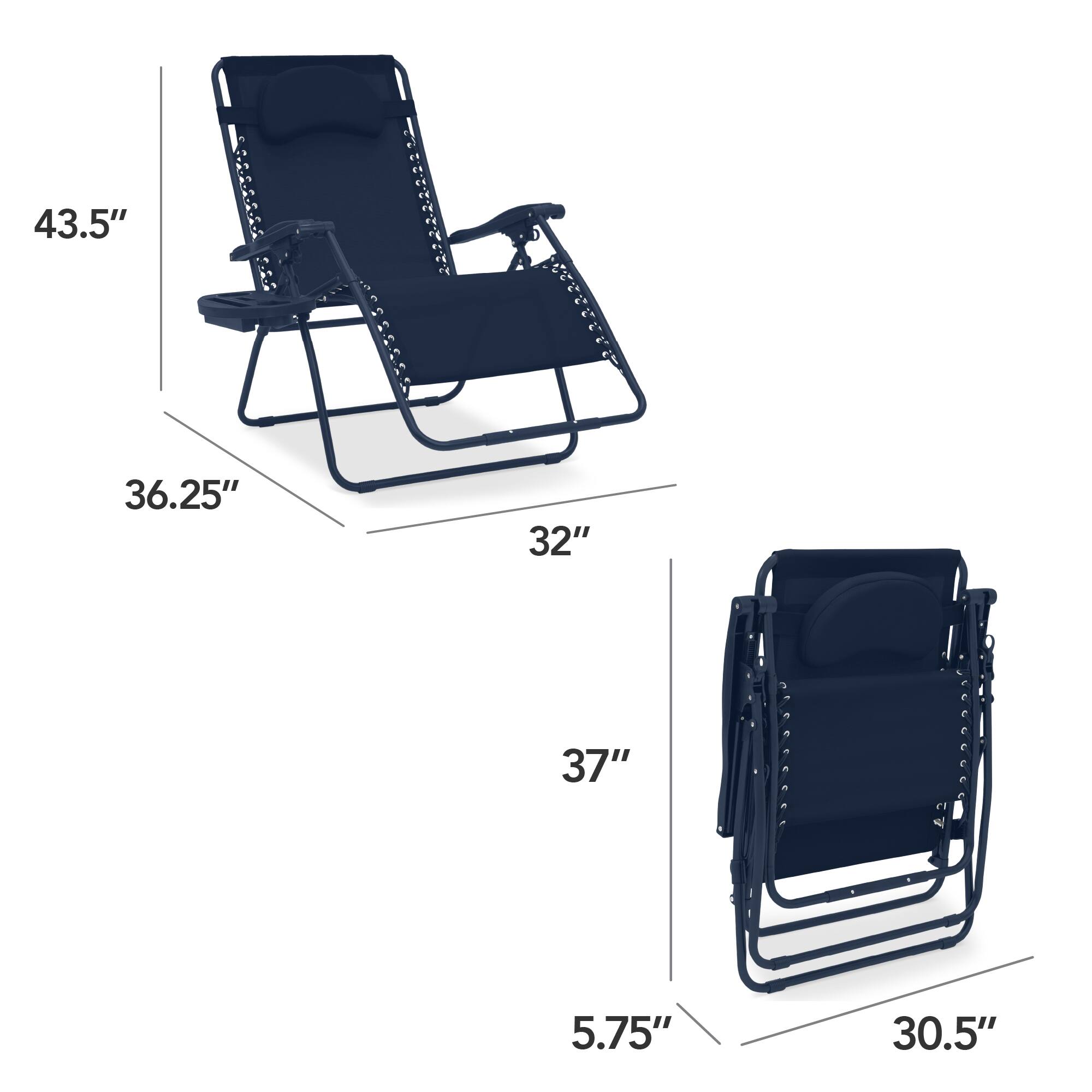 The dimensions of the chair are:

- Length: 43.5"
- Width: 36.25"
- Height: 37"
- Depth: 32"
- Armrest height: 5.75"
- Seat height: 30.5"