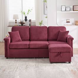 Trinkets Crazed - 76" L Shaped Sectional Couches with Storage Ottoman, 3 Seater Corduroy Sofa with 2 Drawers - Wine Red
