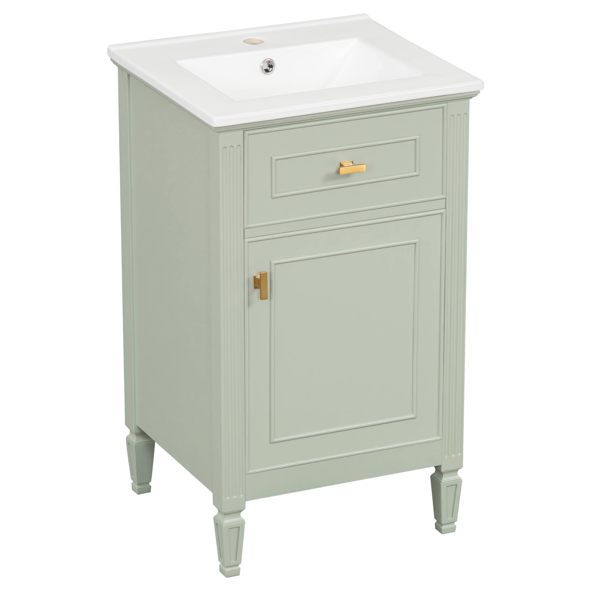 Left. Whisen - 20" Bathroom Vanity with Sink, Adjustable Shelf & Tilt-Out Drawer, Zinc Alloy Knobs for Small Bathroom - Green.