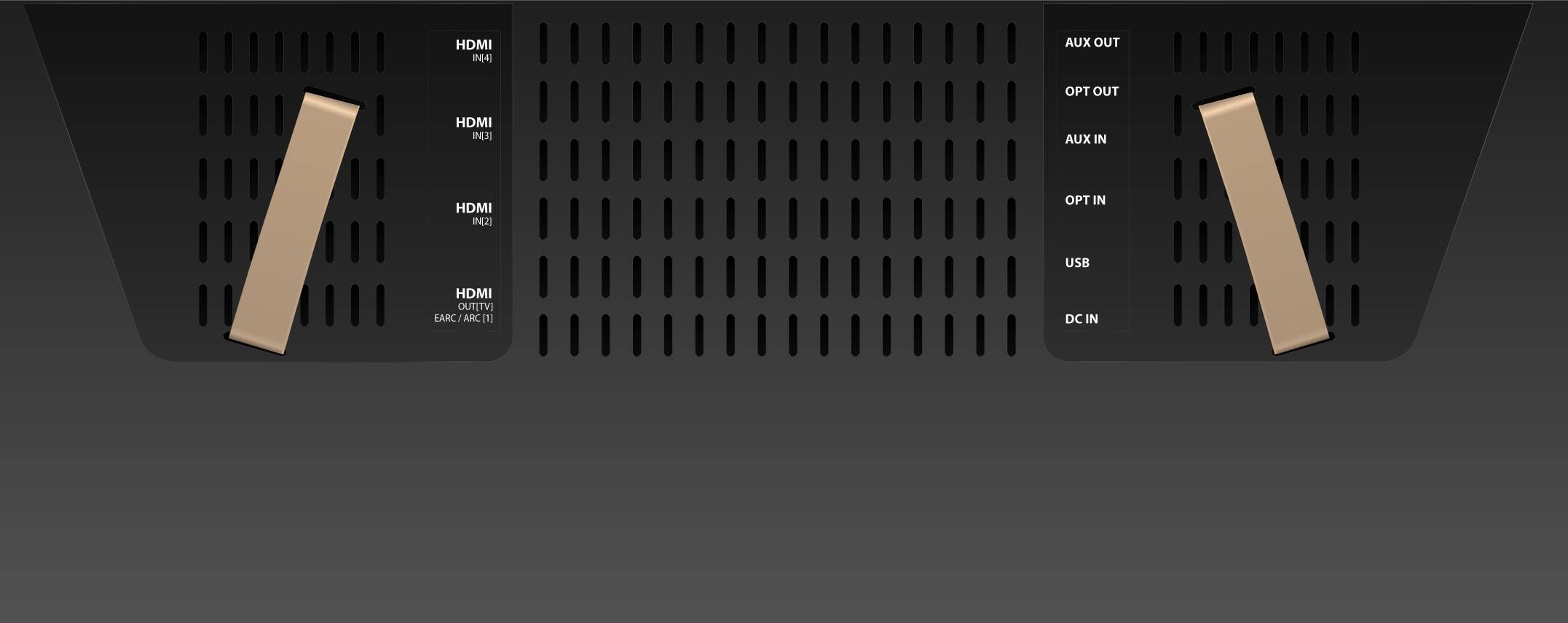The text on the image reads:

HDMI N[4] AUX IN OPT IN HDMI N[1] AUX OUT OPT OUT HDMI N[3] AUX IN HDMI N[2] AUX OUT OPT IN USB HDMI OUT (ITV ARC) ARC/ARC[1] - ARC (1) DC IN

The corrected text is:

HDMI N[4] AUX IN OPT IN HDMI N[1] AUX OUT OPT OUT HDMI N[3] AUX IN HDMI N[2] AUX OUT OPT IN USB HDMI OUT (ITV ARC) ARC/ARC[1] - ARC (1) DC IN