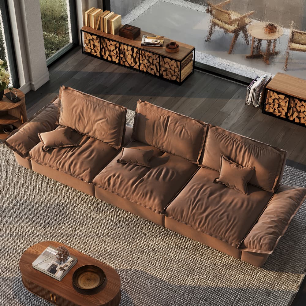 POVISON - 141.73" Sailboat Deep Sofa Stain Resistant Cozy Couch with Adjustable Backrest - Brown Suede Fabric