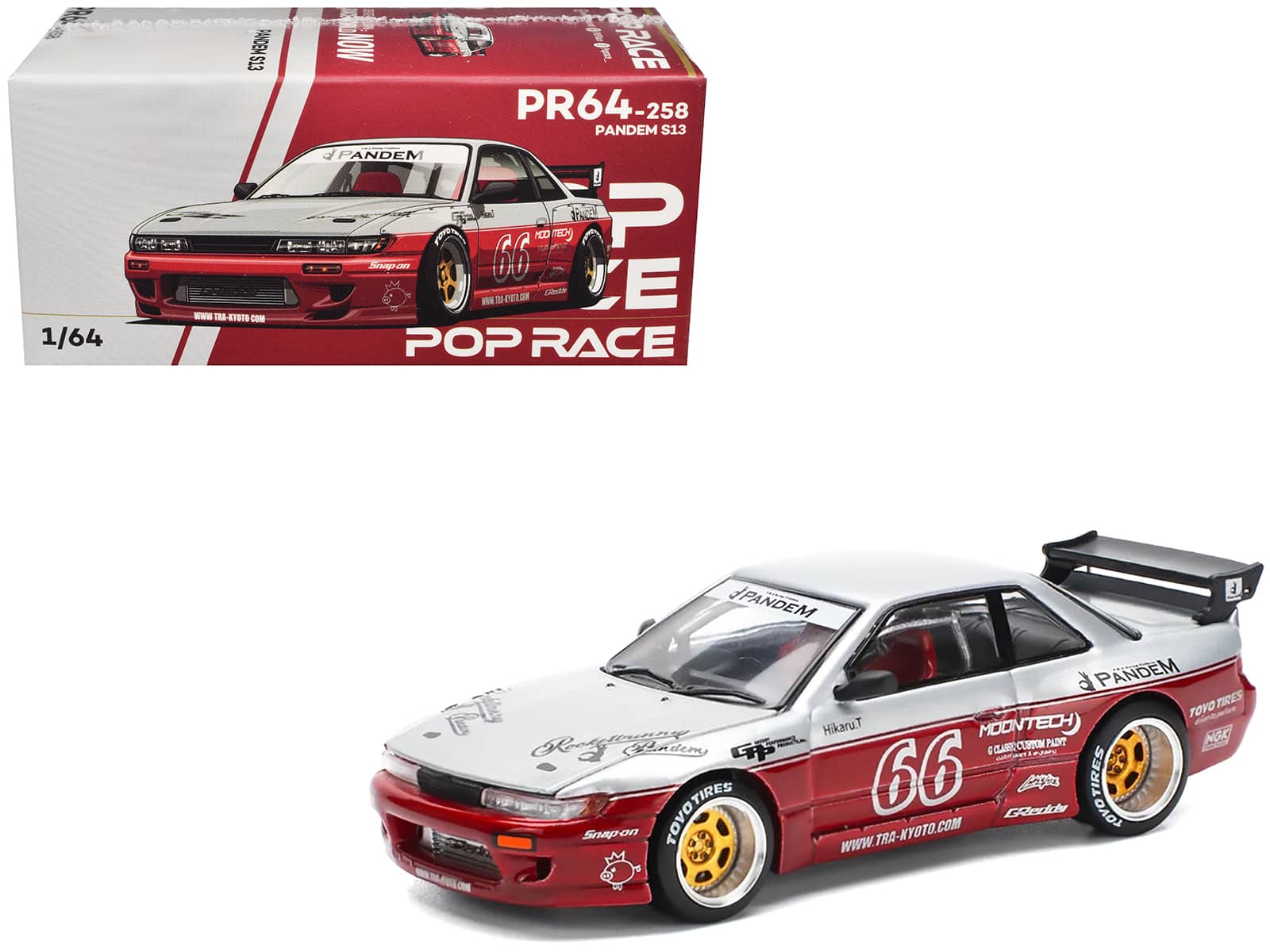 Nissan Pandem S13 RHD (Right Hand Drive) #66 "Moontech" 1/64 Diecast Model Car by Pop Race - Silver and Red Metallic
