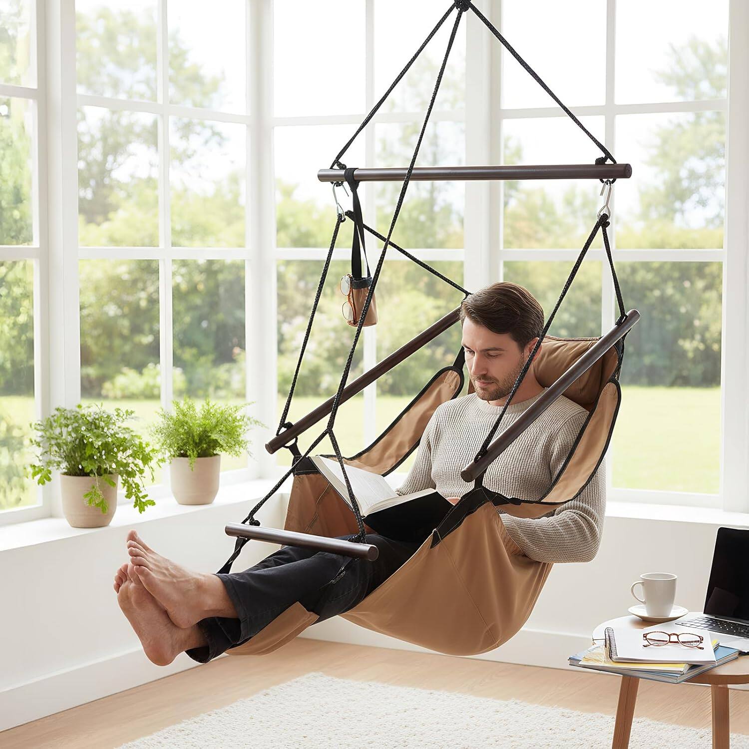 Alt View 5. Winado - 1PC Hammock Hanging Sky Chair, Air Deluxe Swing Seat with Cup Holder, Wooden Stick, Chain for Indoor Outdoor Garden - Brown.
