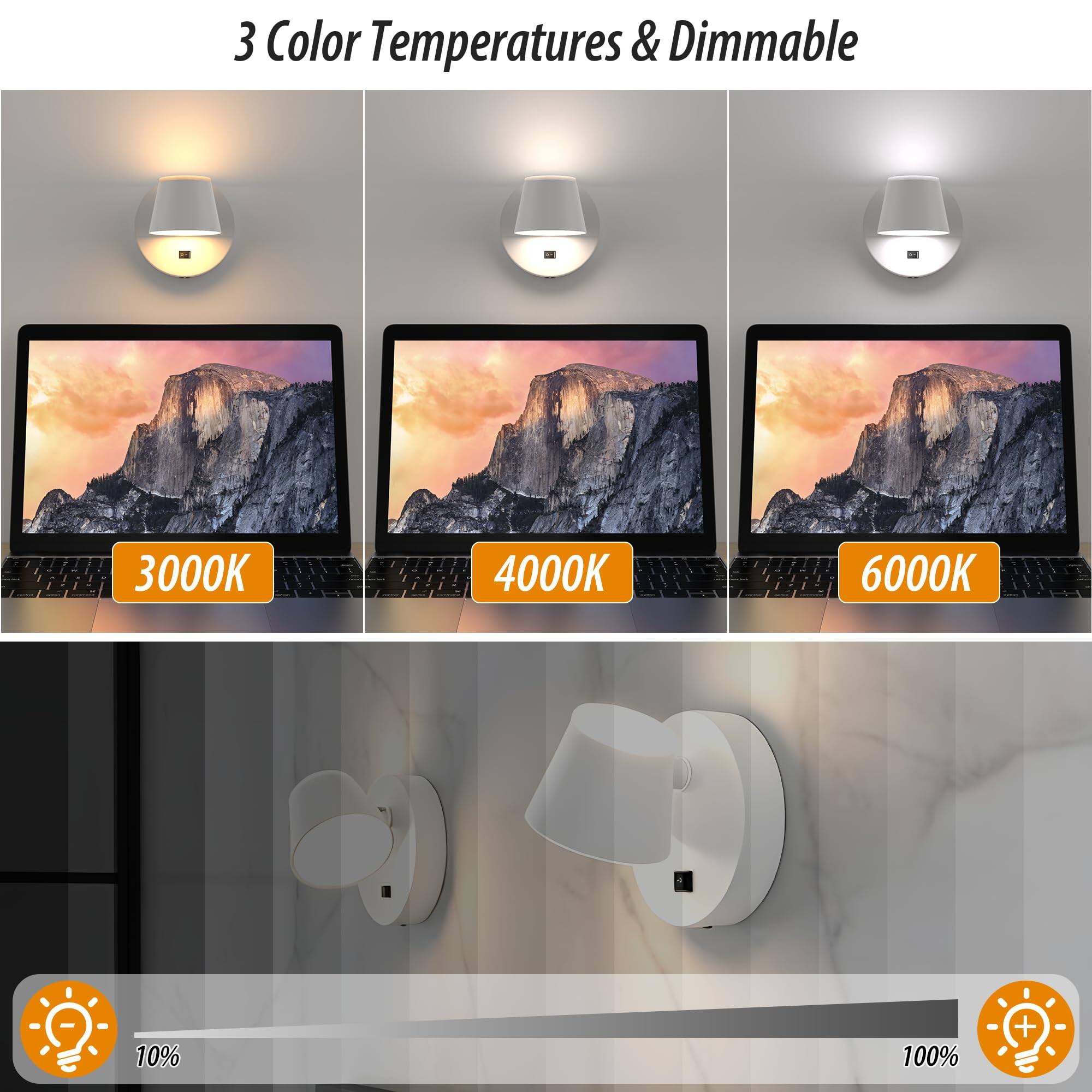 3 Color Temperatures & Dimmable

3000K

4000K

6000K

10%

100%