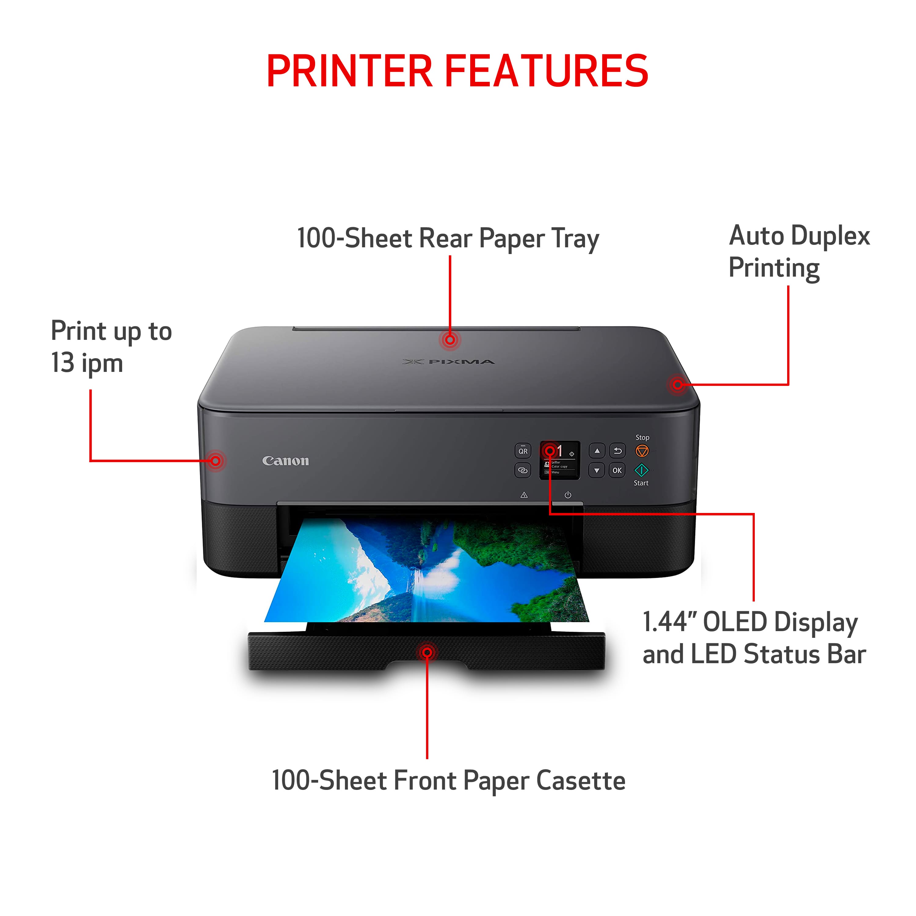 PRINTER FEATURES:
1. 100-Sheet Rear Paper Tray
2. Auto Duplex Printing
3. Print up to 13 ipm - FIXMA Canon ae 2
4. 1.44" OLED Display and LED Status Bar
5. 100-Sheet Front Paper Casette