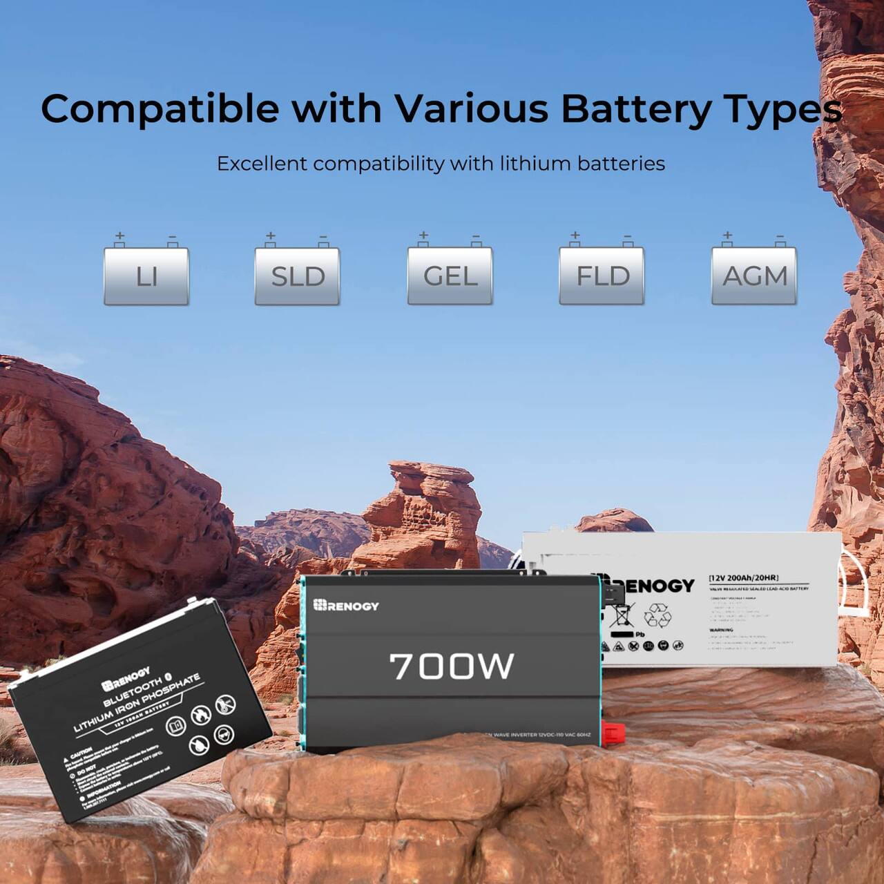 Compatible with Various Battery Types: Excellent compatibility with lithium batteries, SLD, GEL, FLD, AGM, Renogy AZi 200Ah/20HR, Enogy C, Brenooy 700W.