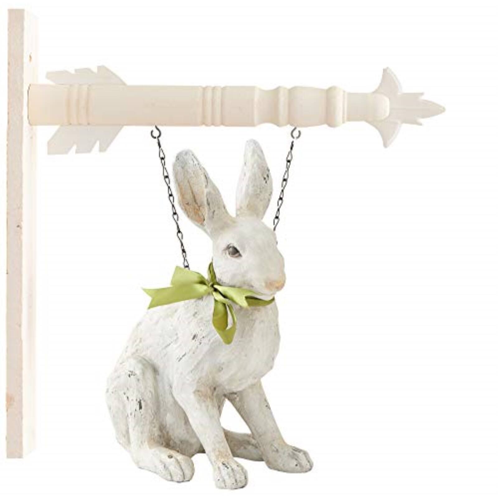 Angle. K&K Interiors - K&K Interiors Sitting White Rabbit with Green Ribbon Bow Easter Arrow Replacement Sign 11.5 inch - Arrow Sold Separately - White.