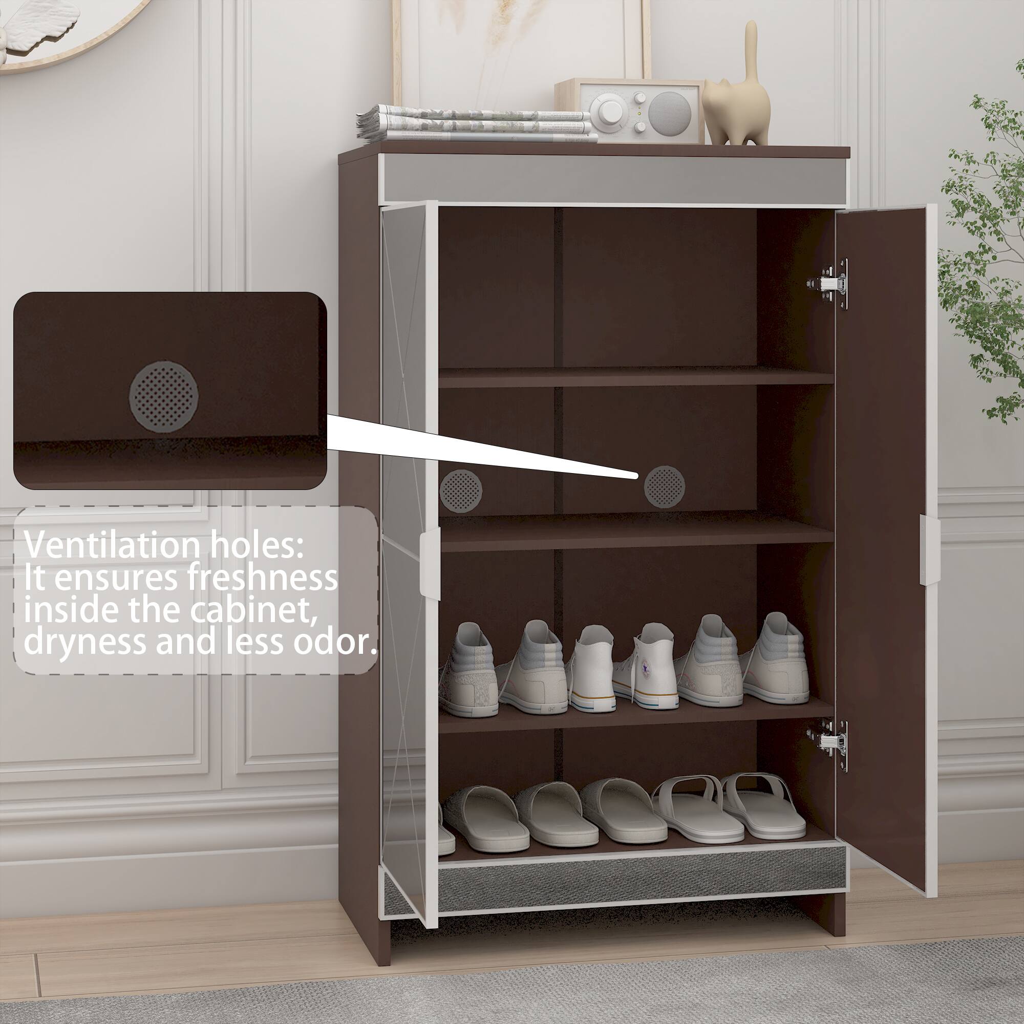 Ventilation holes: It ensures freshness inside the cabinet, dryness, and less odor.