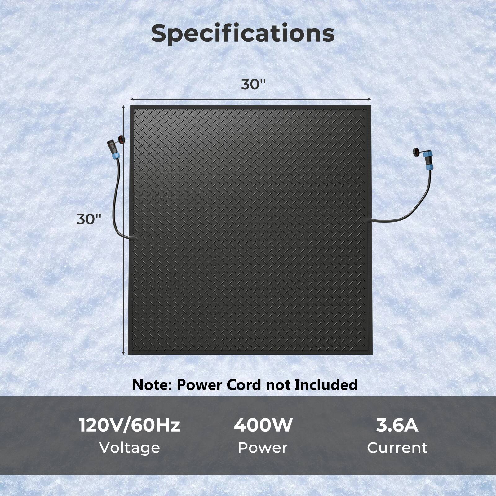 Specifications:
- Size: 30" x 30"
- Note: Power cord not included
- Voltage: 120V/60Hz
- Power: 400W
- Current: 3.6A
