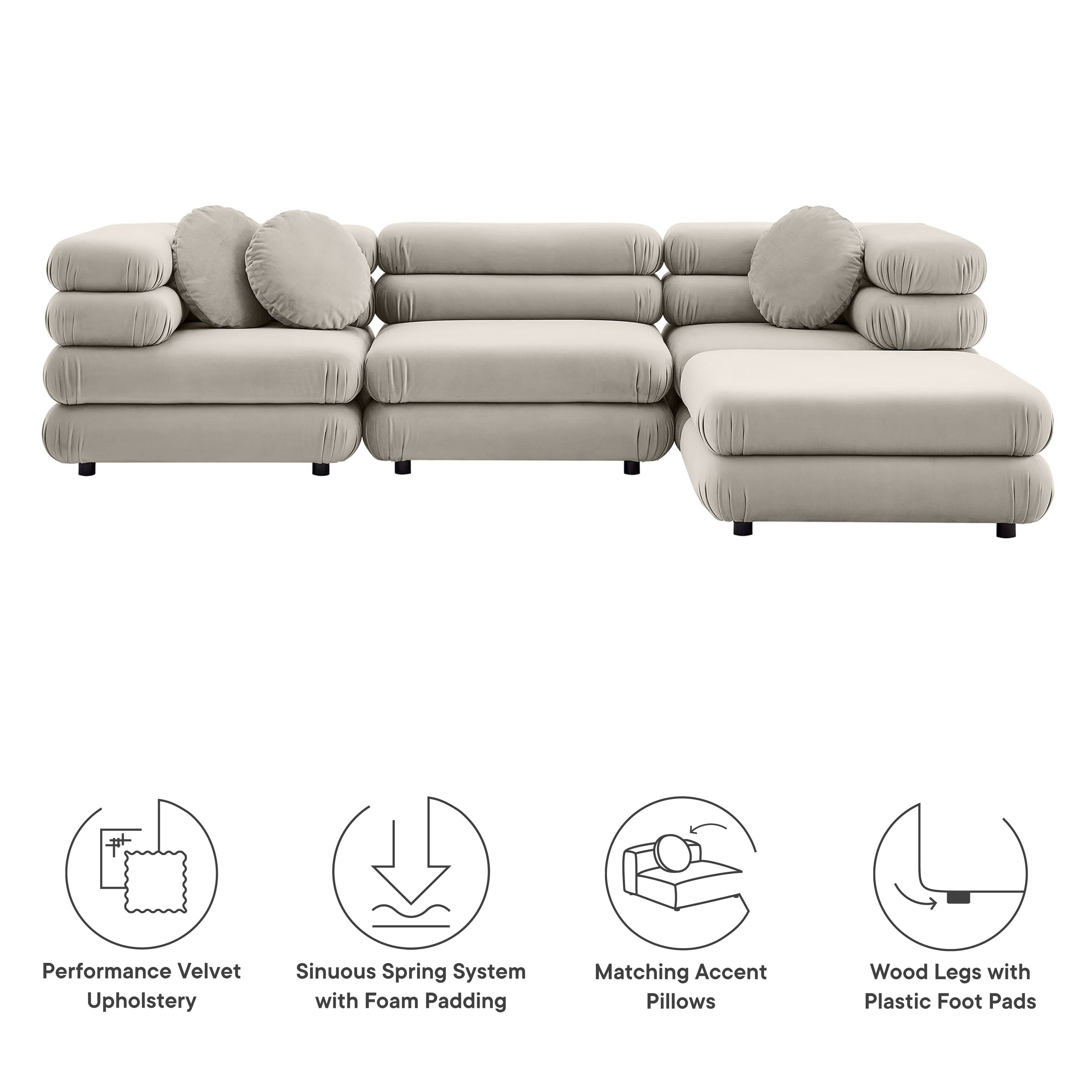 Performance Velvet Upholstery, Sinuous Spring System with Foam Padding, Matching Accent Pillows, Wood Legs with Plastic Foot Pads