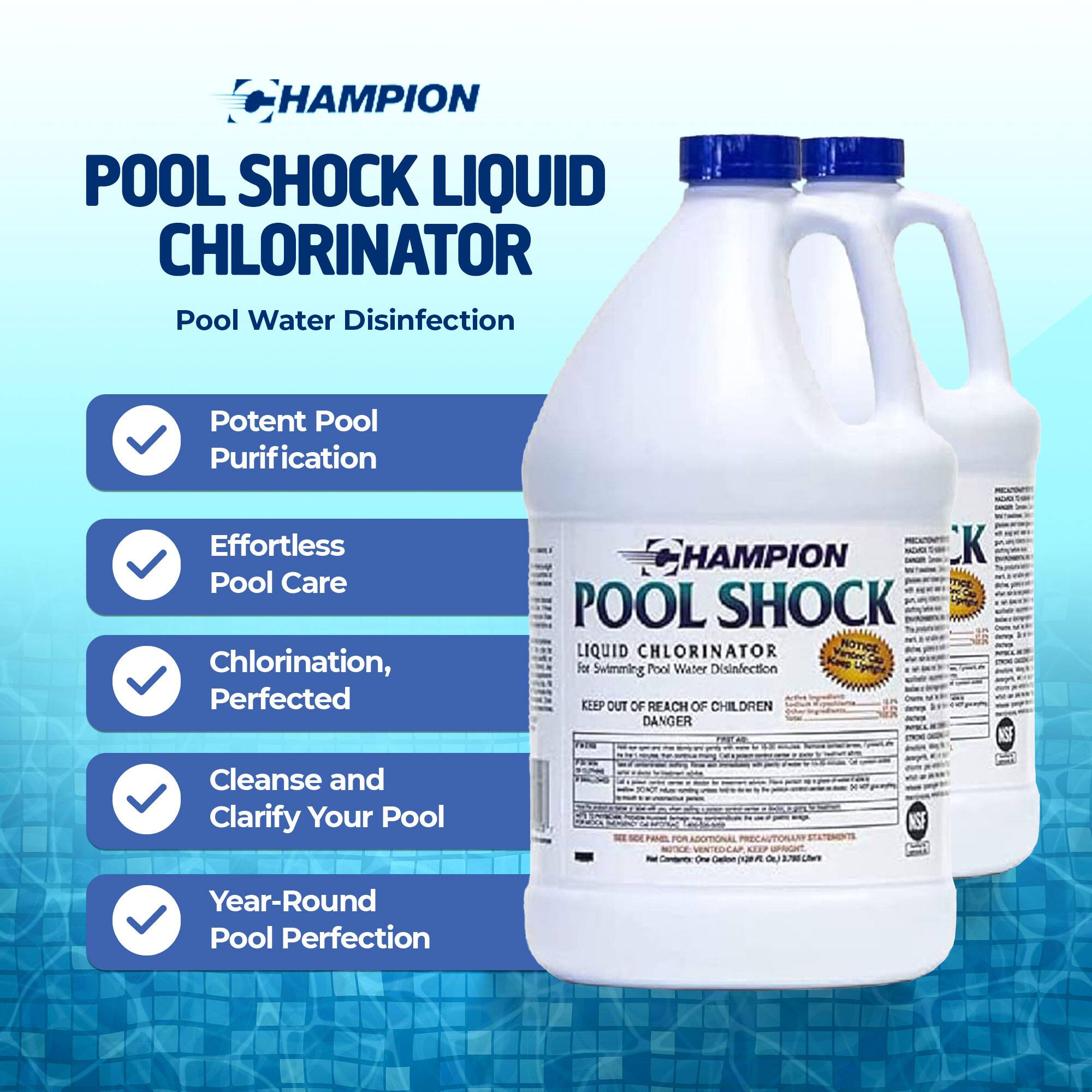 **HAMPION POOL SHOCK LIQUID CHLORINATOR**

Pool Water Disinfection

- Potent Pool Purification
- Effortless Pool Care
- Chlorination, Perfected
- Cleanse and Clarify Your Pool
- Year-Round Pool Perfection

**NOTICE: For Swimming Pool Water Disinfection**

**KEEP OUT OF REACH OF CHILDREN**

**DANGER**

**NSF**

**One Callon A Oe 2M**