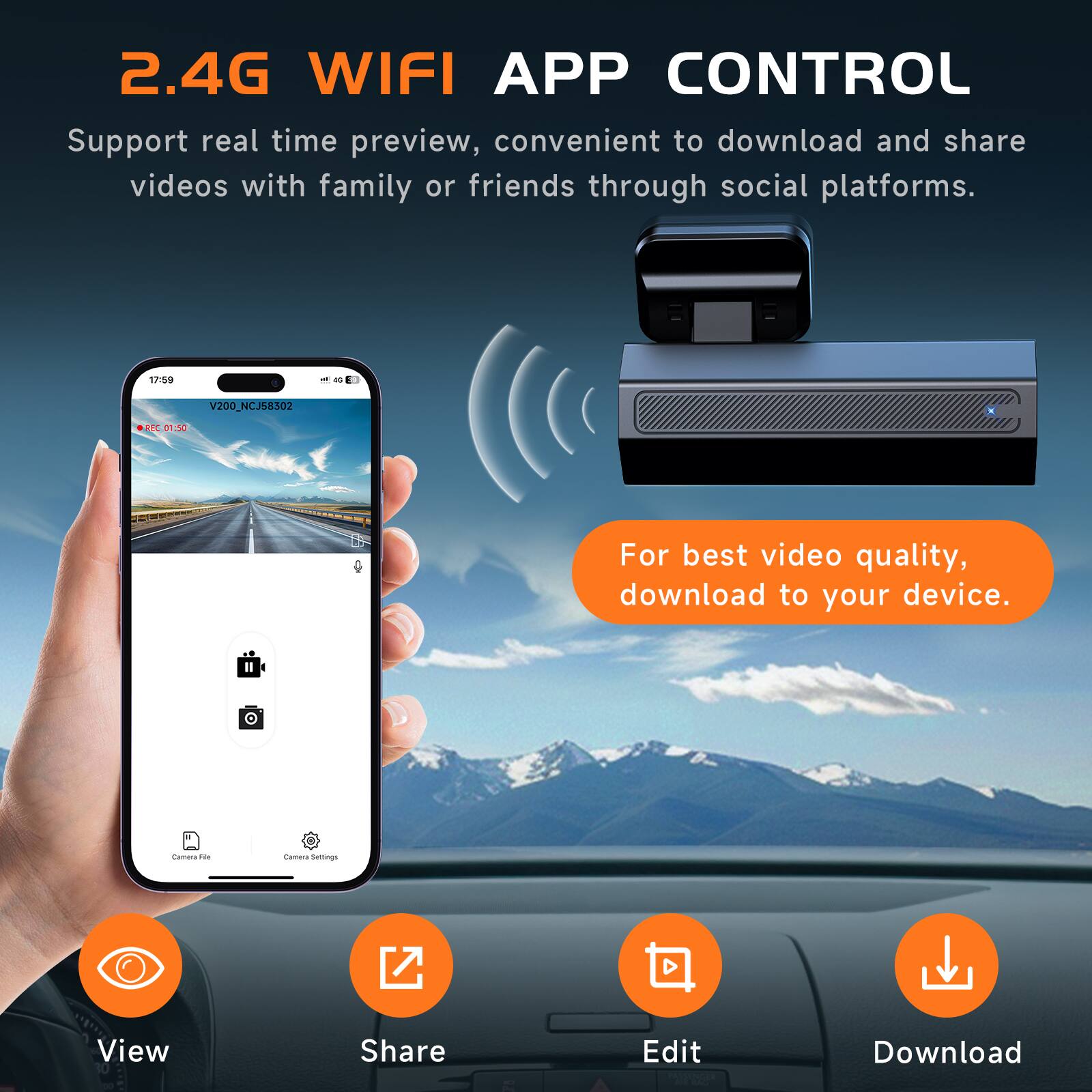2.4G WIFI APP CONTROL  
Support real time preview, convenient to download and share videos with family or friends through social platforms.  

For best video quality, download to your device.  

Camera file  
Camera Settings  
View  
Share  
Edit  
Download