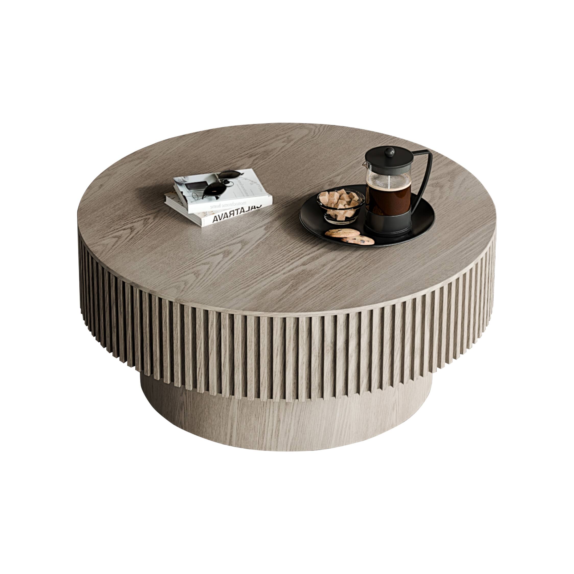 Alt View 6. Loheer - Loheer 31.5 Inch Round Coffee Table with Storage Modern Grey Solid Wood Veneer Living Room Table - Grey.