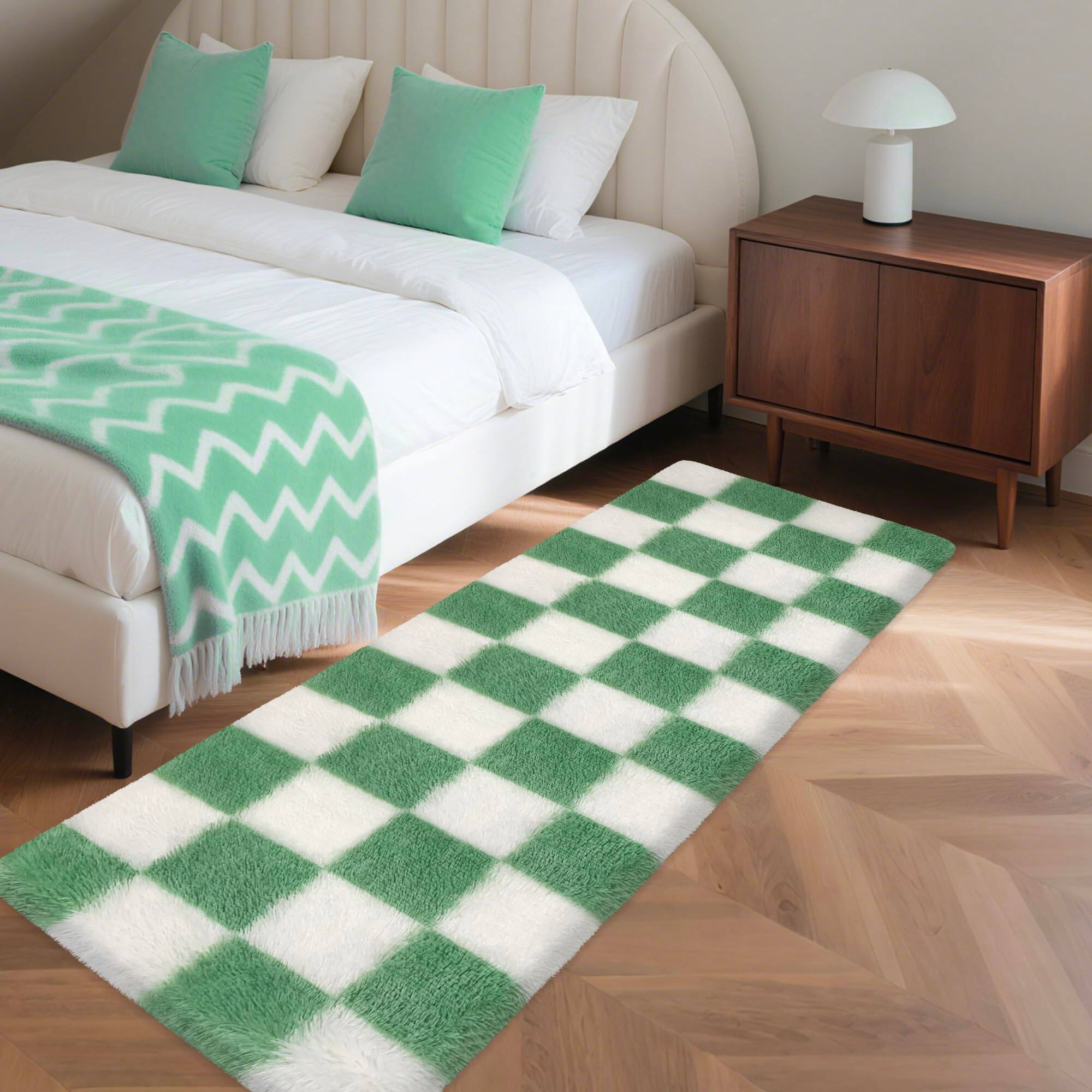 Fabibe - Soft Fuzzy Fluffy Rug For Bedroom Living Room Black And White Checkered Shag Runner 2x6 Ft Hallway Plush Shaggy - Green and White-3' x 2' (Rectangular)
