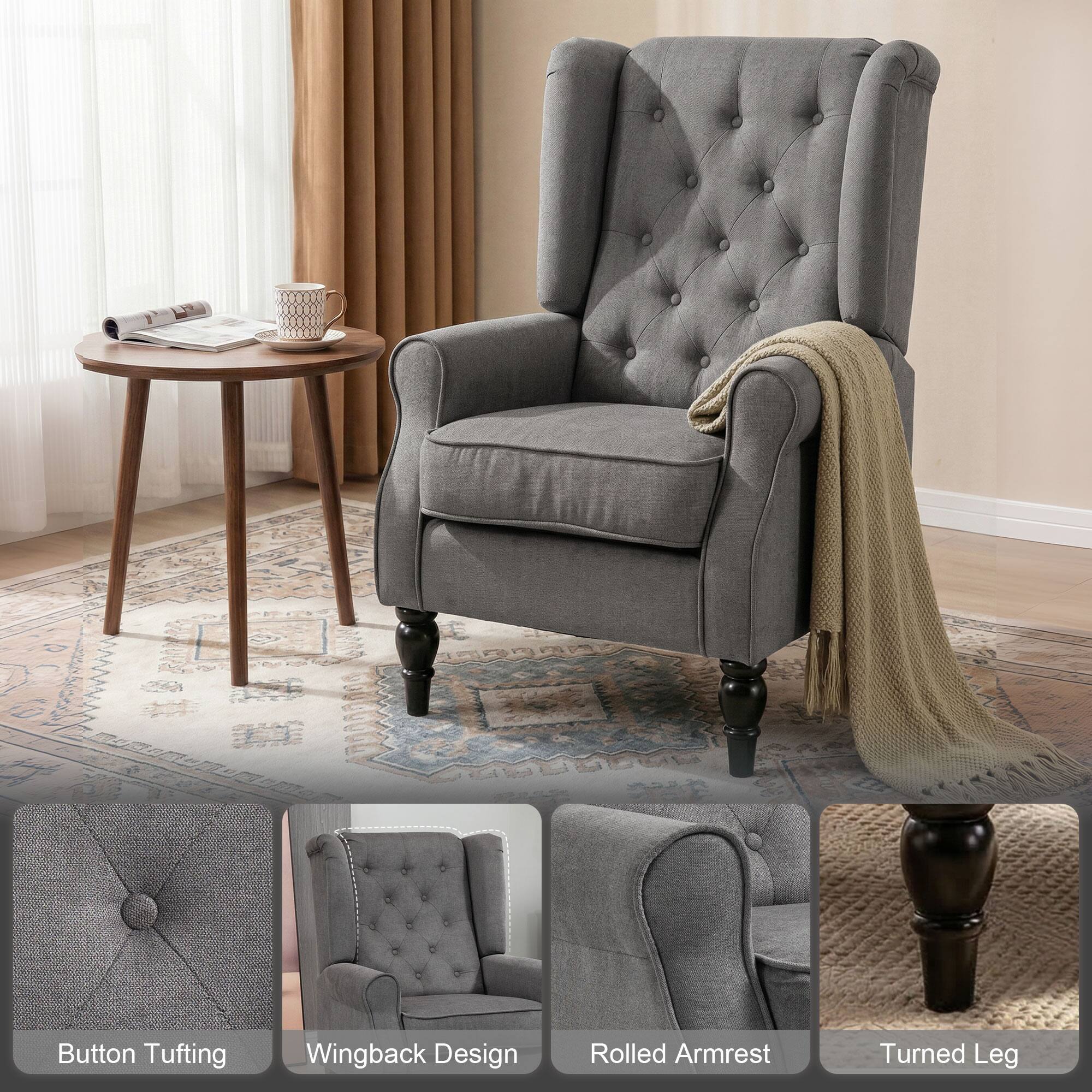 Button Tufting  
Wingback Design  
Rolled Armrest  
Turned Leg