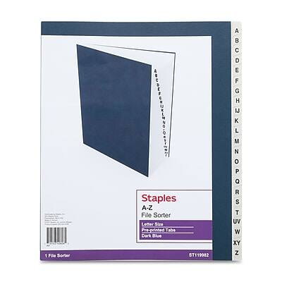 Staples  
File Sorter  
A-Z  
Letter Size  
Pre-printed Tabs  
Dark Blue  
ST119982  

1 File Sorter  

Letter Sizes  
Pre-printed Tabs  
Dark Blue