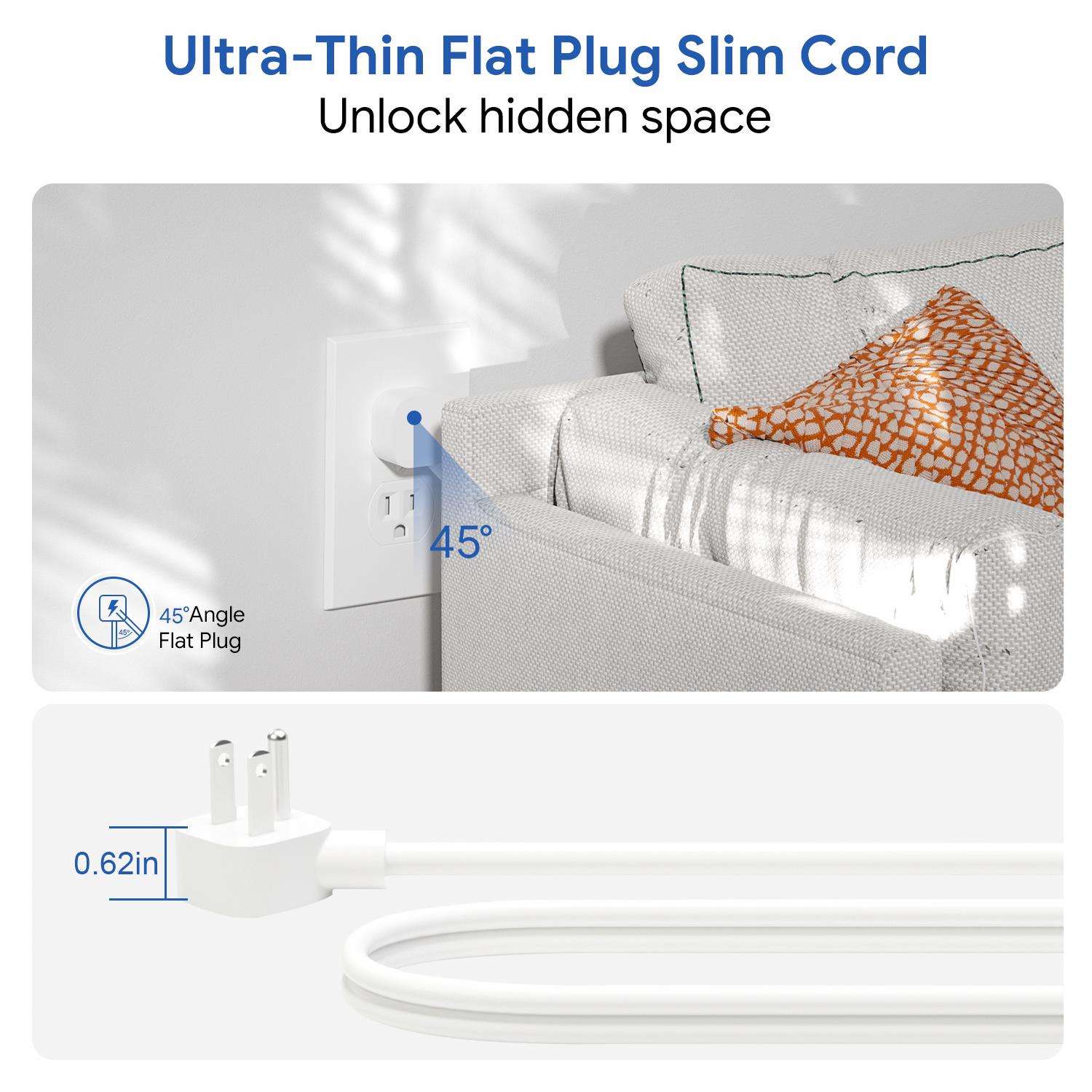 Ultra-Thin Flat Plug Slim Cord  
Unlock hidden space  

45° Angle Flat Plug  

0.62in