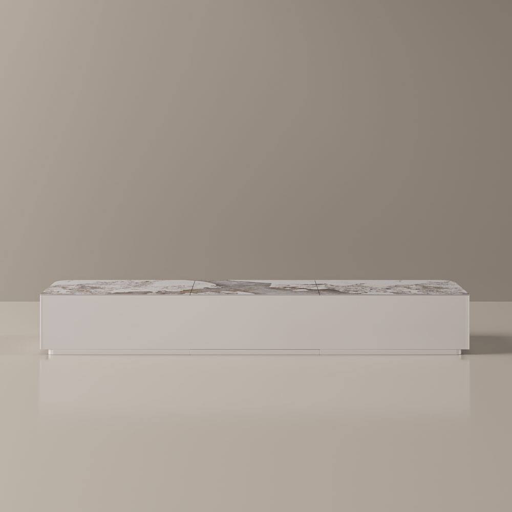 Alt View 9. POVISON - 79" Modern Low Profile TV Stand with Ultra-short Throw Projector Platform, Fluted TV Console with White Sintered Stone - Pandora & White.