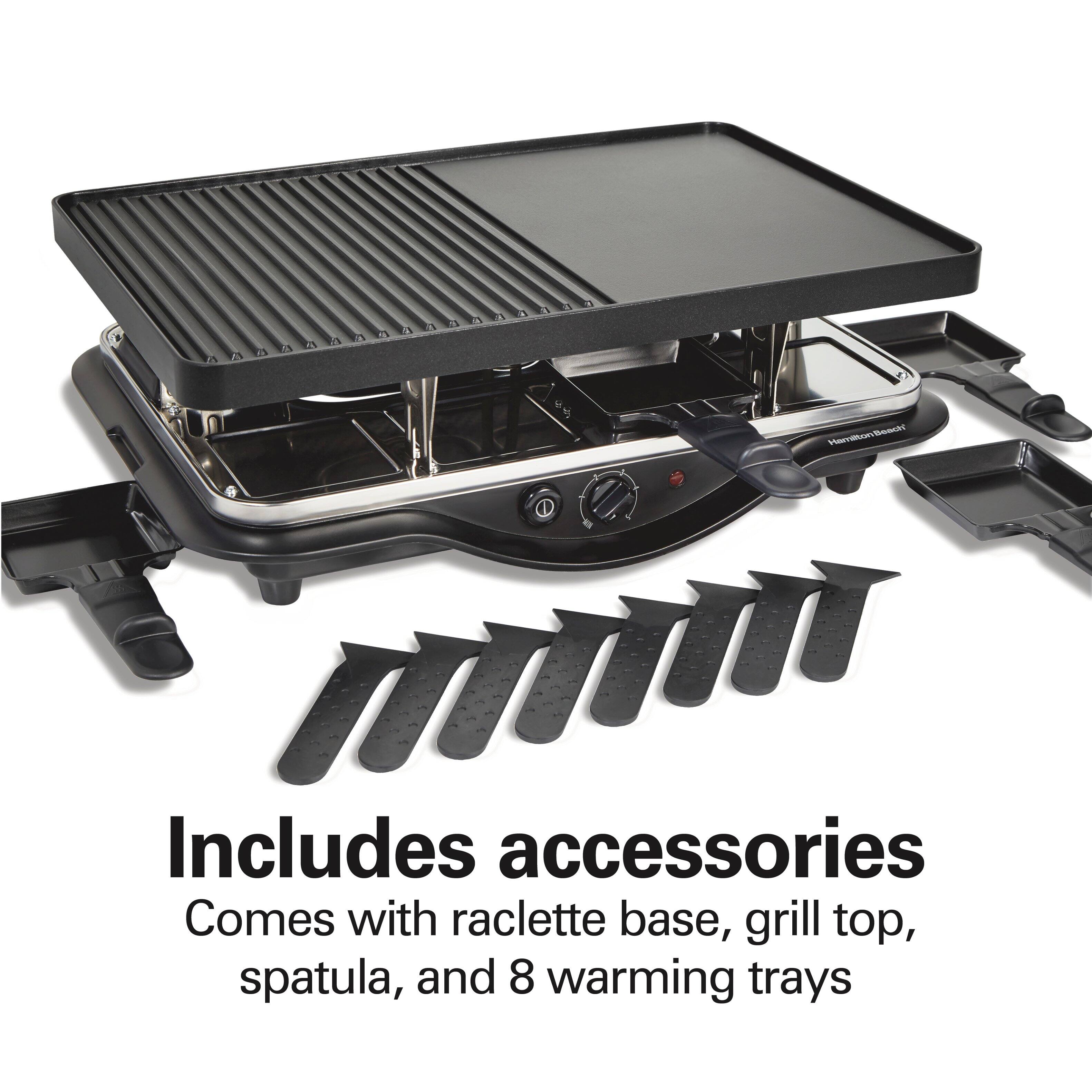 Includes accessories
Comes with raclette base, grill top, spatula, and 8 warming trays