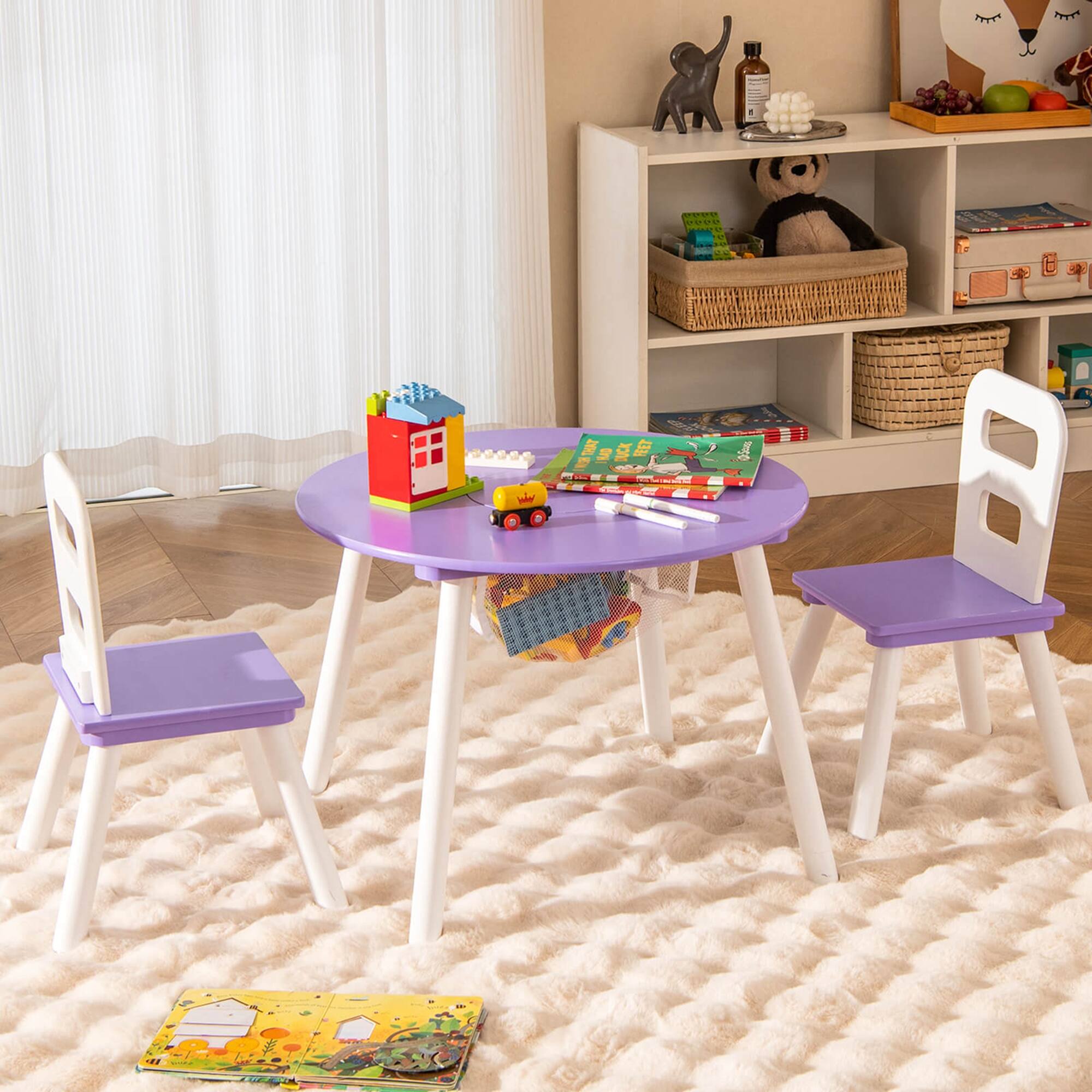 Alt View 1. Costway - Costway Kids Wooden Round Table & 2 Chair Set w/ Center Mesh Storage - Purple.