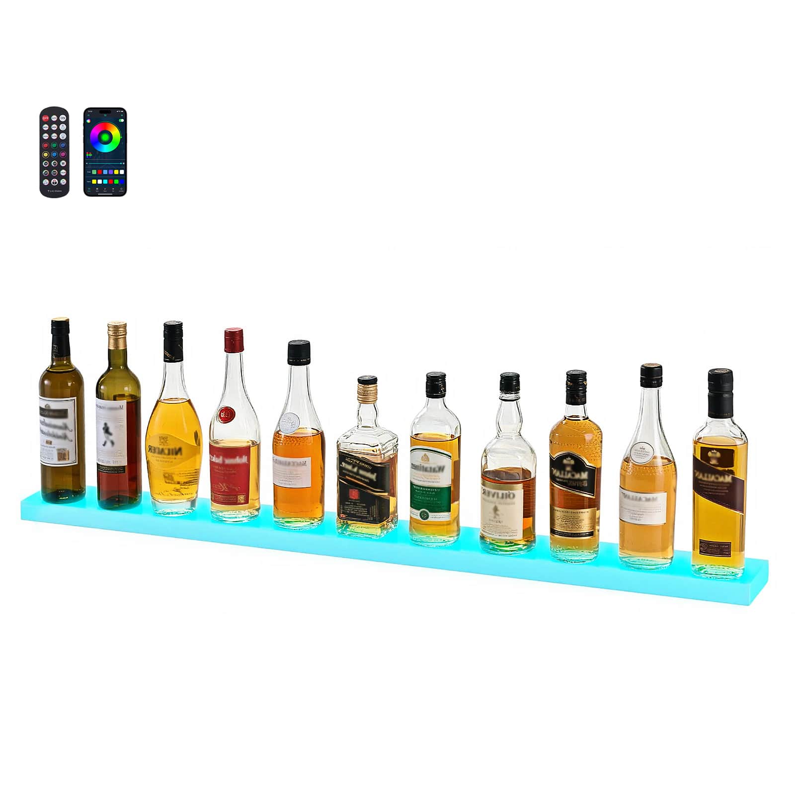 VEVOR - LED Lighted Liquor Bottle Display,1-Tier 48Inches Whiskey Rack,Supports USB,with RF Remote & App Control,7 Static Colors - Black,White