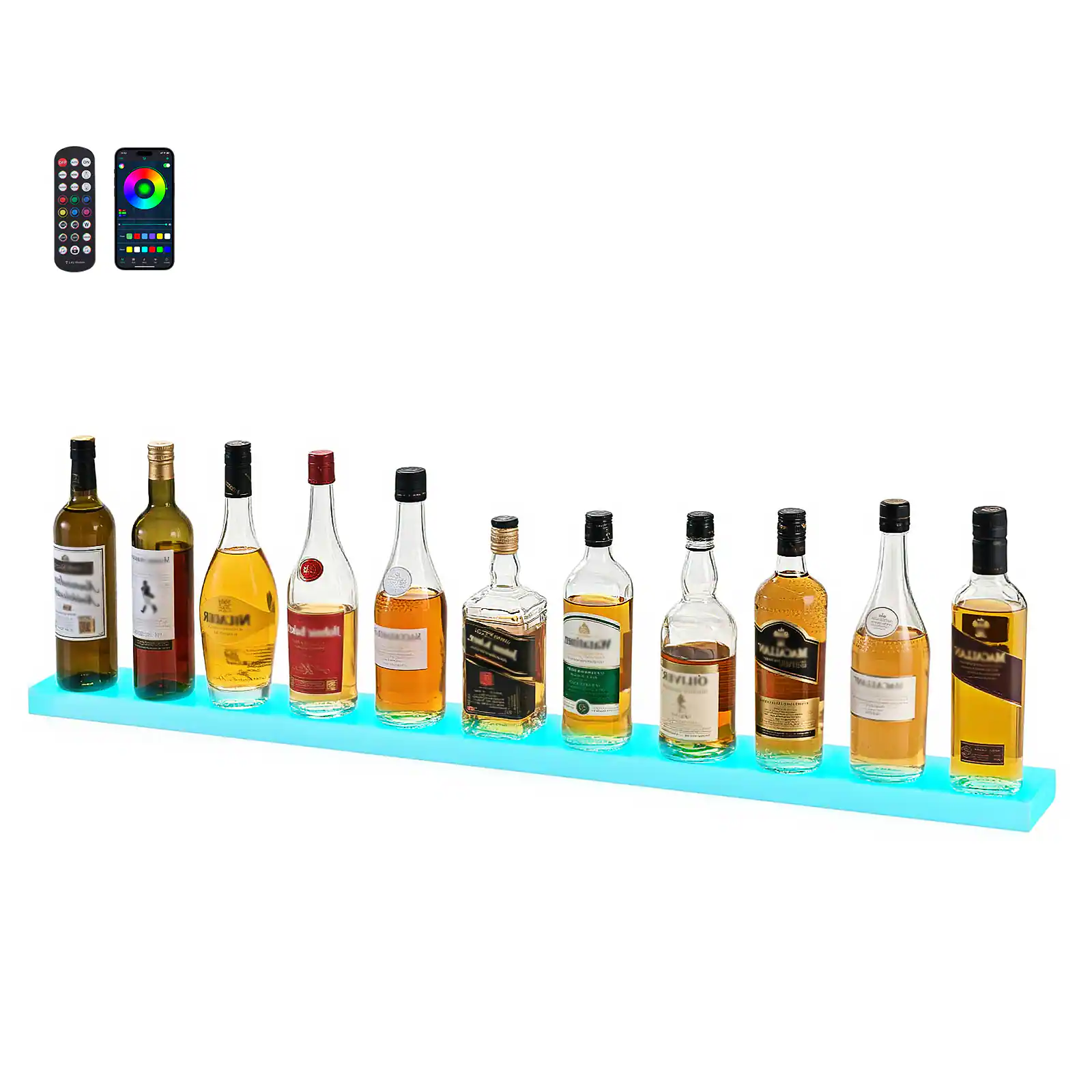 VEVOR - LED Lighted Liquor Bottle Display,1-Tier 48Inches Whiskey Rack,Supports USB,with RF Remote & App Control,7 Static Colors - Black,White