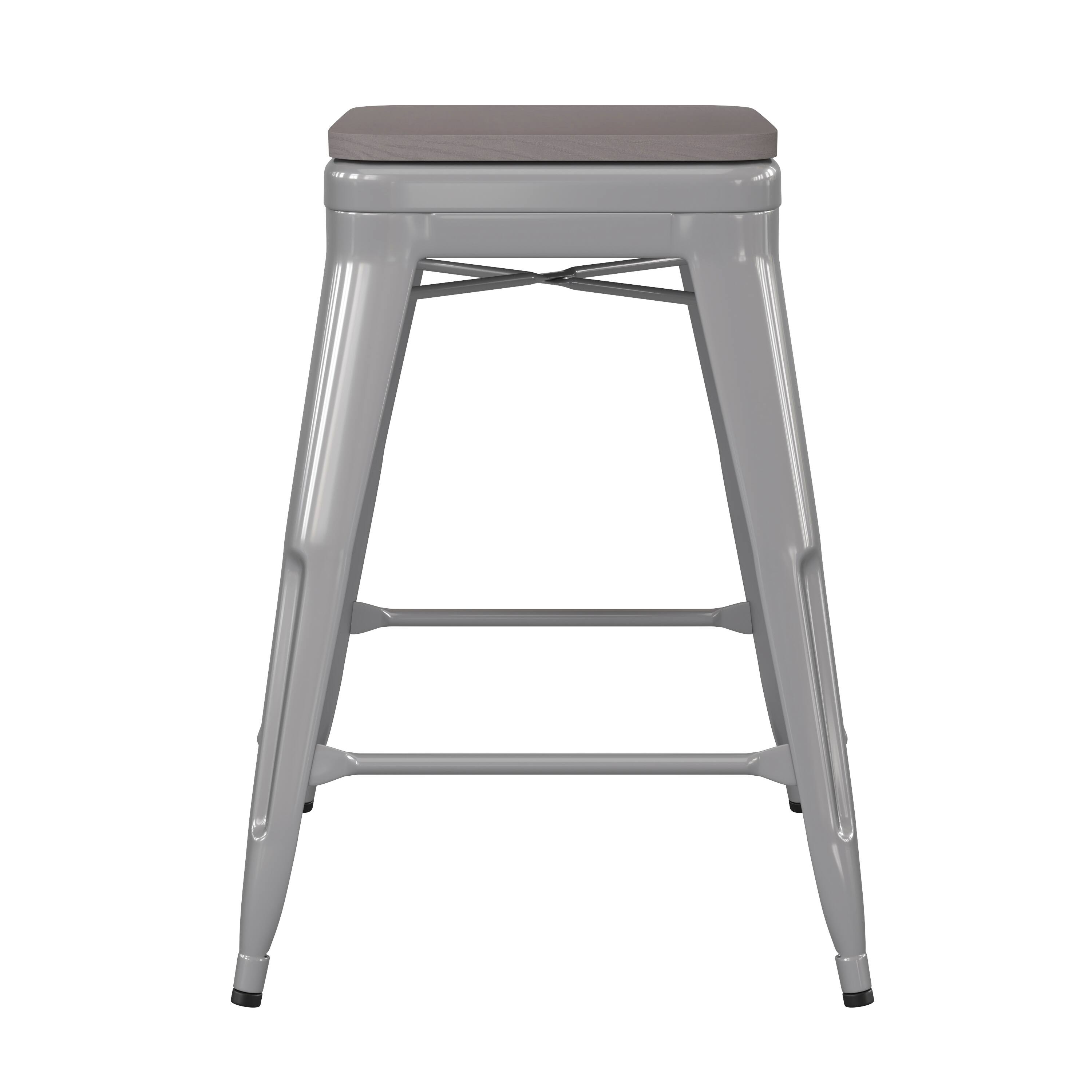 Alt View 10. Emma + Oliver - Kam Backless Metal Indoor-Outdoor Stool with All-Weather Polystyrene Seat - Gray Seat/Silver Frame.
