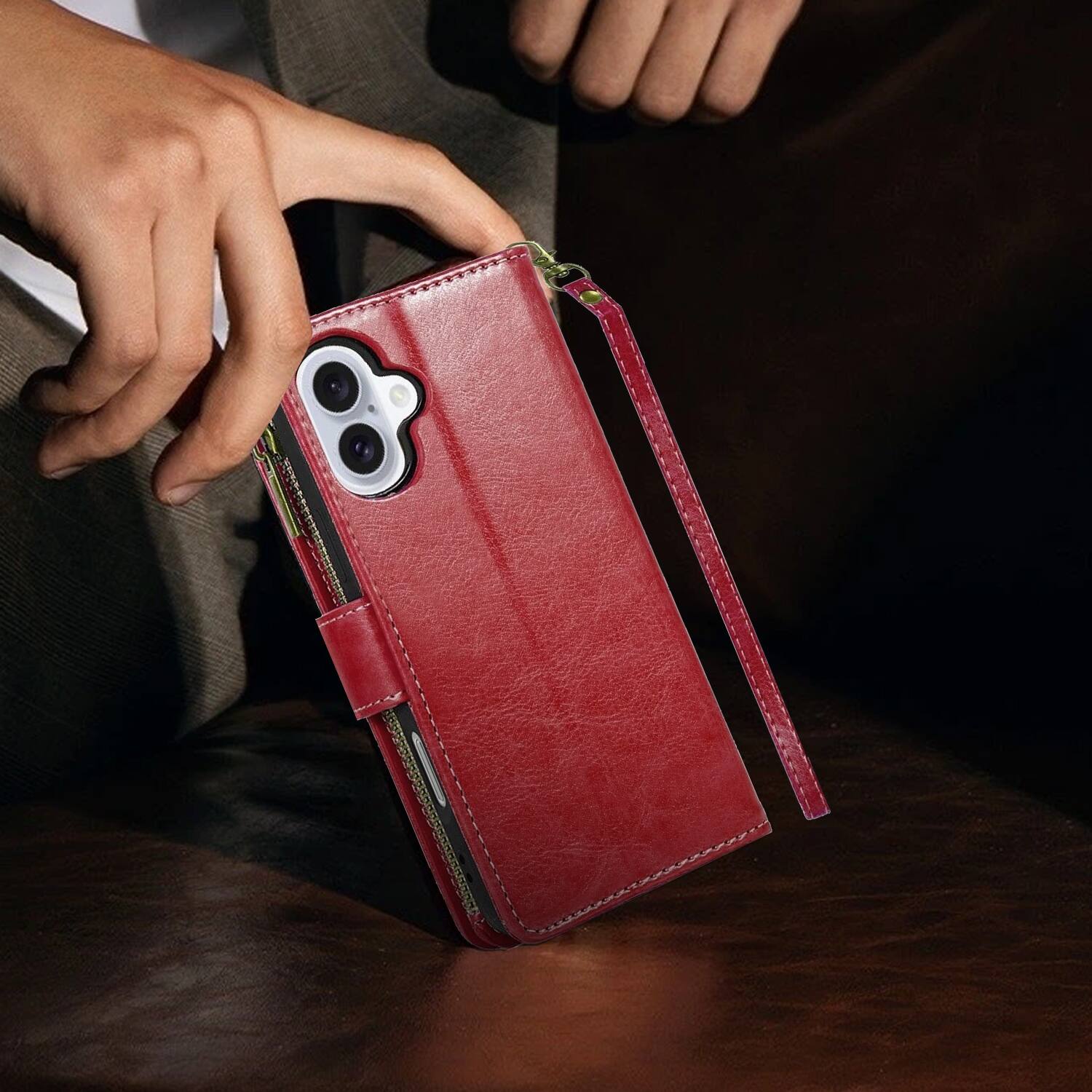 Alt View 6. Equipd - Phone Case for iPhone 17 6.3", Luxury Wallet Card ID Zipper Money Holder Cover (Red) - Red.