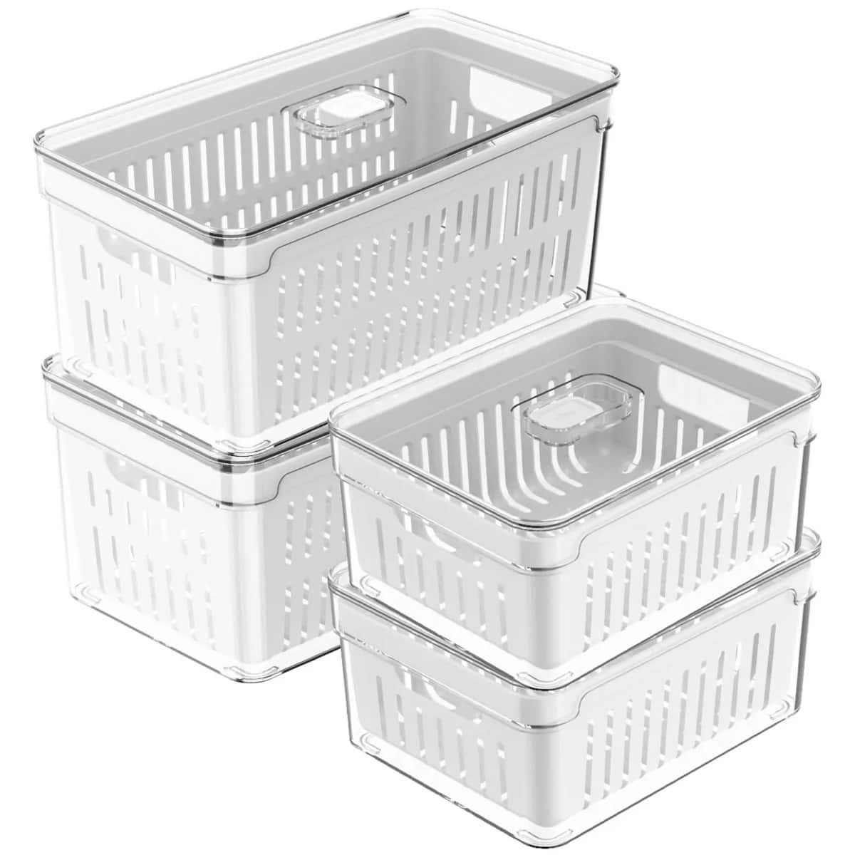 OU - Fridge Organizer Bins w Drain Basket & Vented Lid, Refrigerator Storage Container, 4 Pack - Clear
