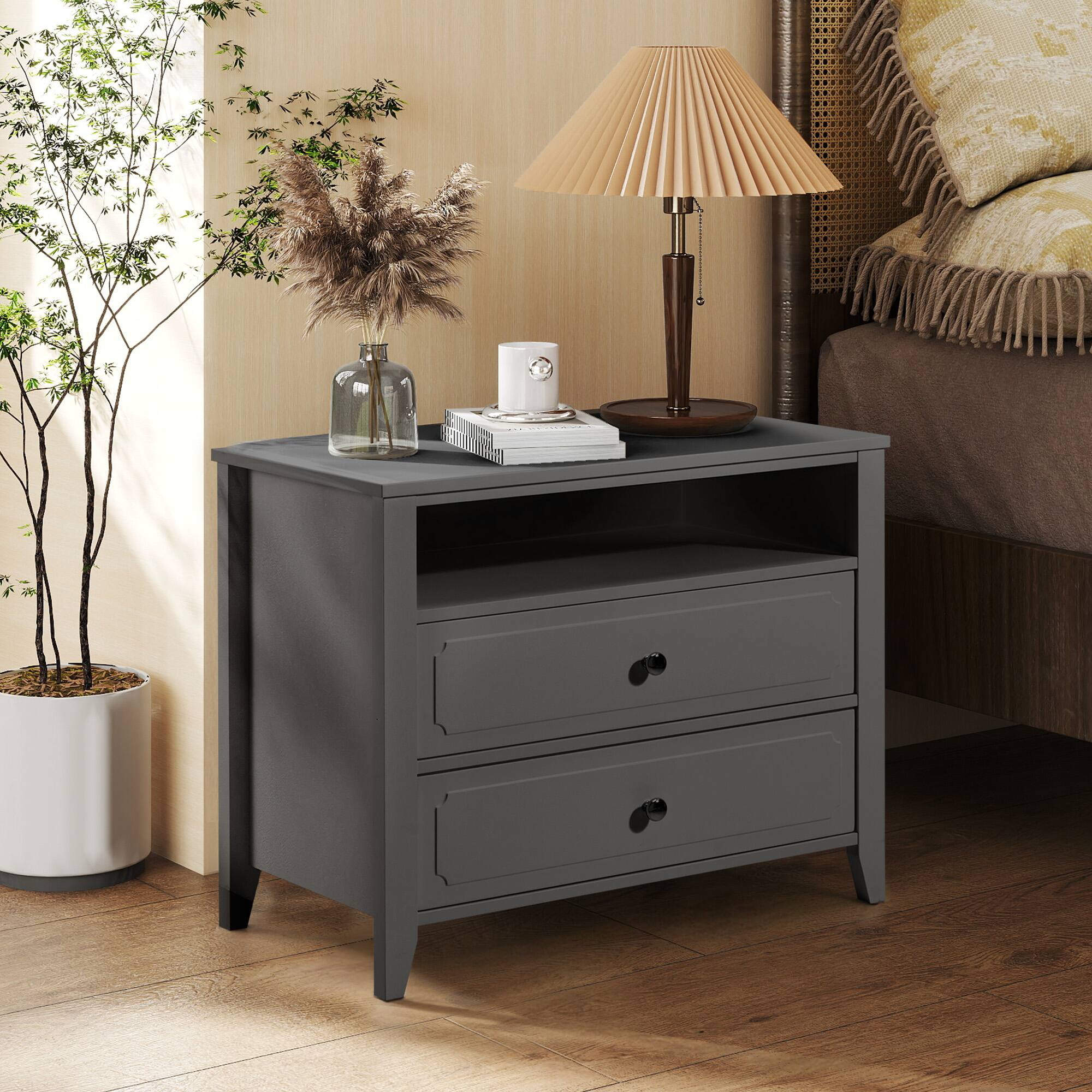 Left. U-HOMY - Modern 2-Drawer Nightstand with Open Shelf, Wide Bedside Table with Solid Wood Legs for Bedroom Storage - Dark Grey.