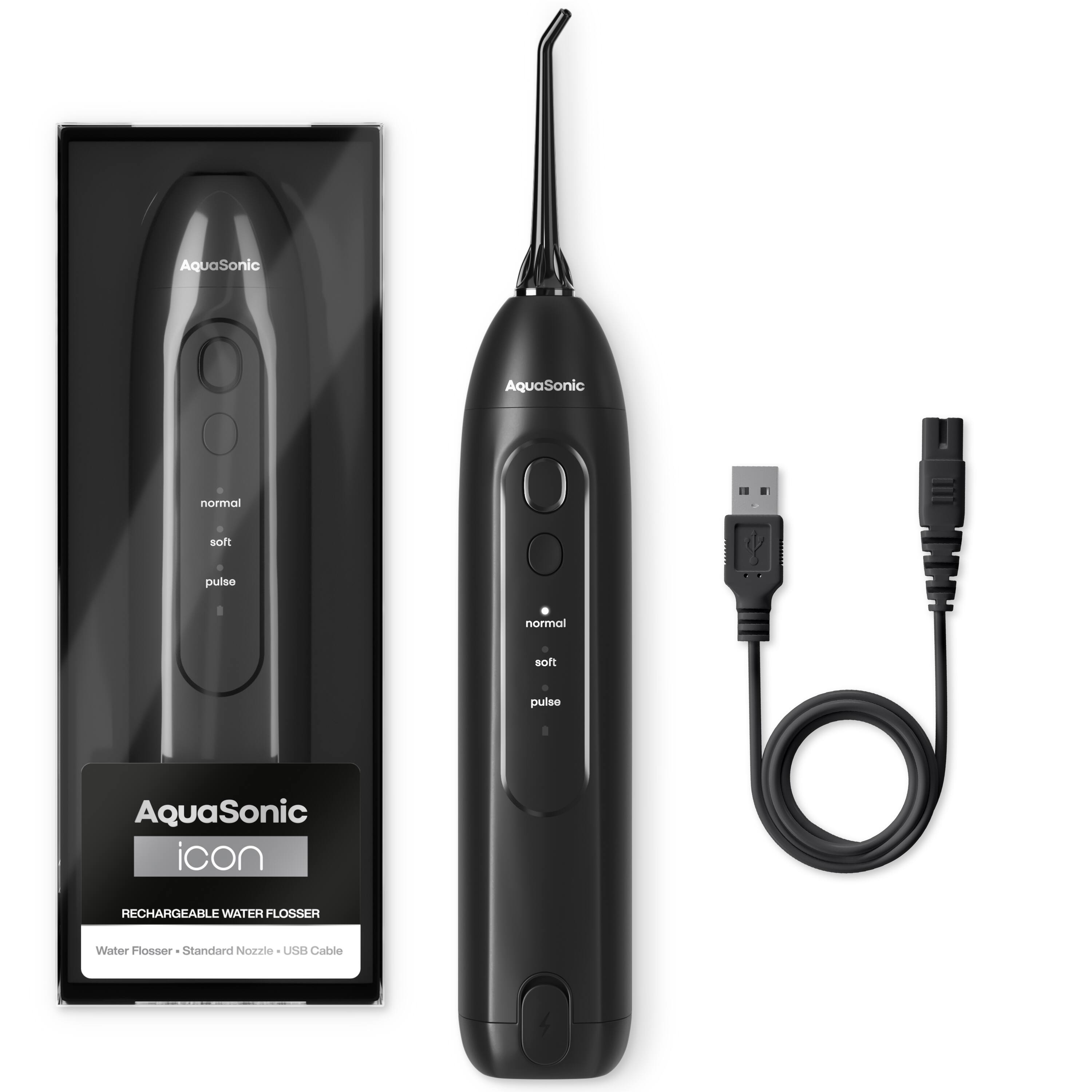 AquaSonic AquaSonic normal soft pulse normal soft pulse AquaSonic icon RECHARGEABLE WATER FLOSSER Water Flosser - Standard Nozzle - USB Cable