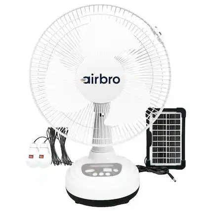 Front. Airbro - 12" Rechargeable AC/DC Fan, Solar Charging - White.