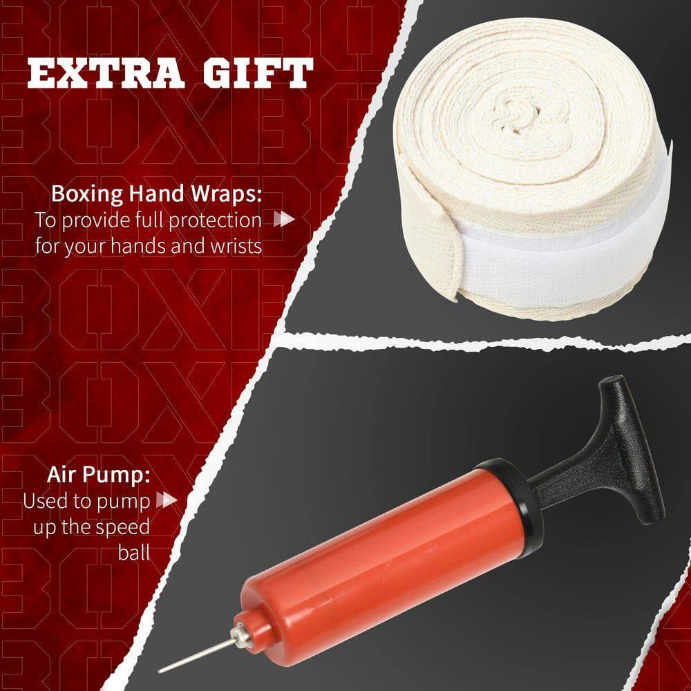 EXTRA GIFT

Boxing Hand Wraps:  
To provide full protection for your hands and wrists

Air Pump:  
Used to pump up the speed ball