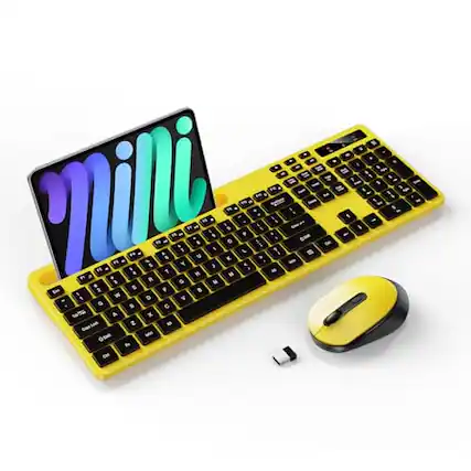 Front. Stamp n Camp - Wireless and Mouse Combo 2.4G Full-Sized Computer with Phone Tablet Holder 22 Multimedia Shortcuts Numeric Keypad 6 - Yellow.