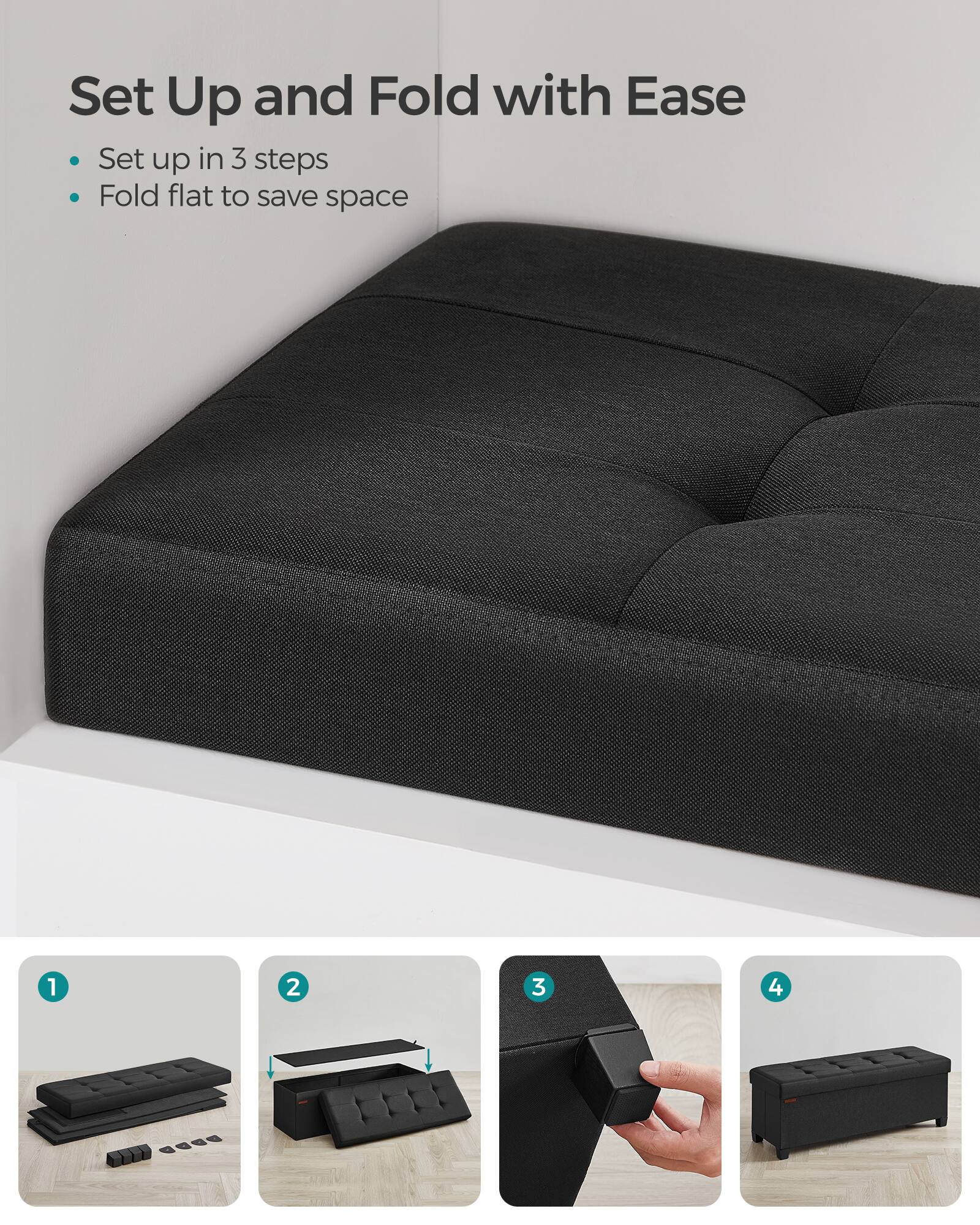 Set Up and Fold with Ease

- Set up in 3 steps
- Fold flat to save space

1. Fold flat to save space
2. 
3. 
4.