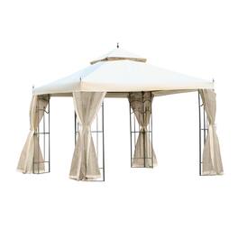 Outsunny - 10' x 10' Patio Gazebo with Corner Frame Shelves, Double Roof Outdoor Gazebo Canopy Shelter with Netting - Cream White