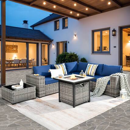 Front. Ovios - 7 PCS Patio Furniture Set Sectional Sofa with Coffee Table & 30" Fire Pit Table - Navy Blue.