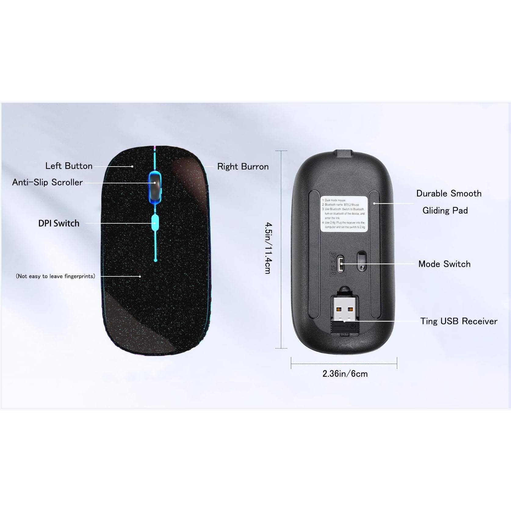 Left Button  
Anti-Slip Scroller  
DPI Switch  
(Not easy to leave fingerprints)  

Right Button  

4.5cm / 11.4cm  

Durable Smooth Gliding Pad  

Mode Switch  

Ting USB Receiver  

2.36in / 6cm
