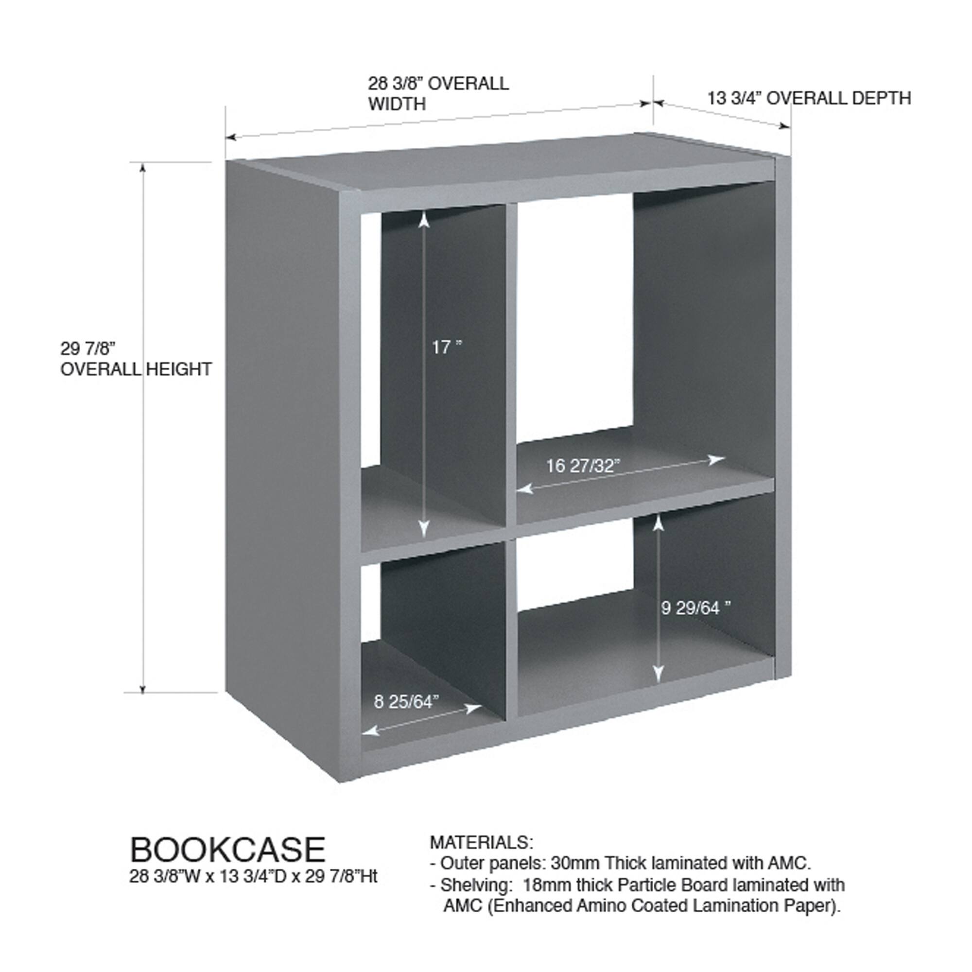 28 3/8" OVERALL WIDTH  
13 3/4" OVERALL DEPTH  
29 7/8" OVERALL HEIGHT  

- 17"  
- 16 27/32"  
- 9 29/64"  
- 8 25/64"  

BOOKCASE  
28 3/8"W x 13 3/4"D x 29 7/8"Ht  

MATERIALS:  
- Outer panels: 30mm Thick laminated with AMC.  
- Shelving: 18mm thick Particle Board laminated with AMC (Enhanced Amino Coated Lamination Paper).