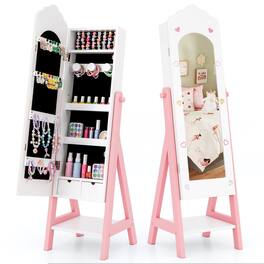 Gymax - Kids Jewelry Cabinet Standing Children Jewelry Organizer w/ Full-Length Mirror - White