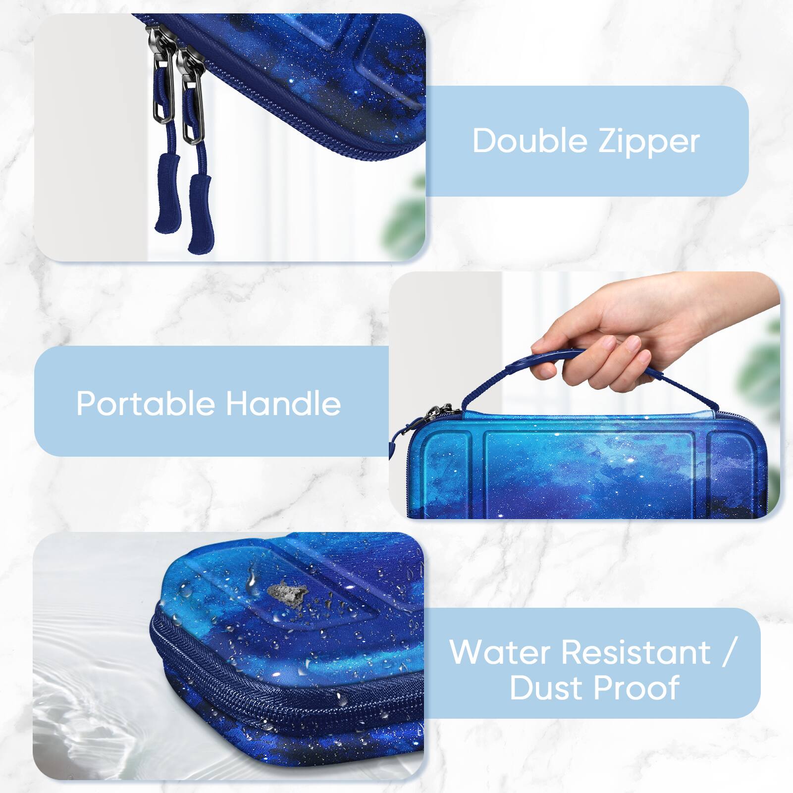 Double Zipper  
Portable Handle  
Water Resistant / Dust Proof